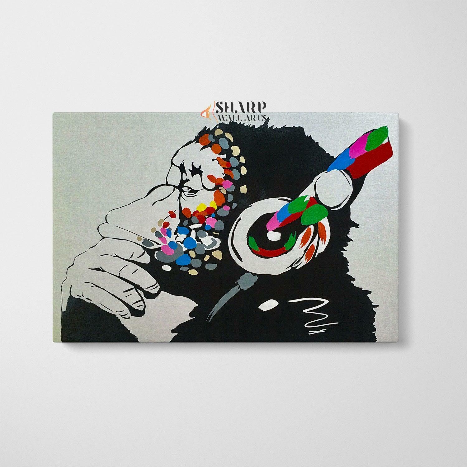 Banksy – Thinking Monkey Headphones Wall Art Canvas Print