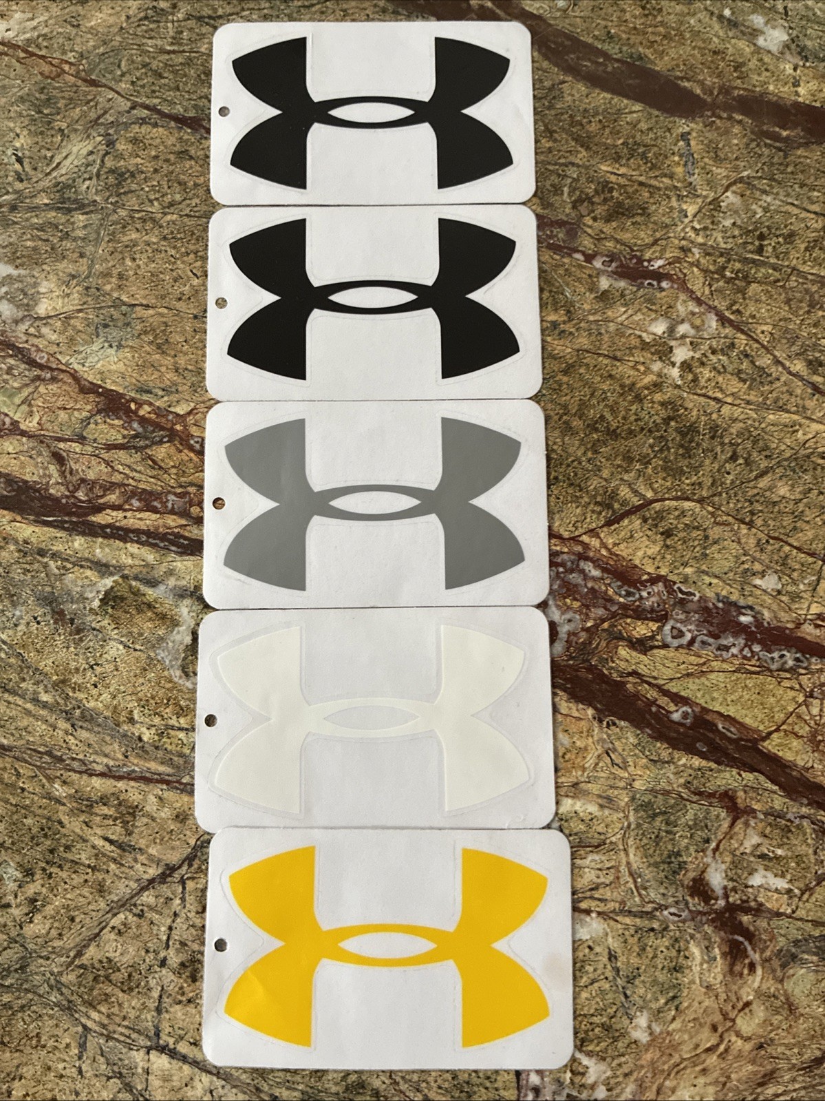 Lot of 5 Under Armour Stickers – White, Black, Yellow And Gray 3” Wide