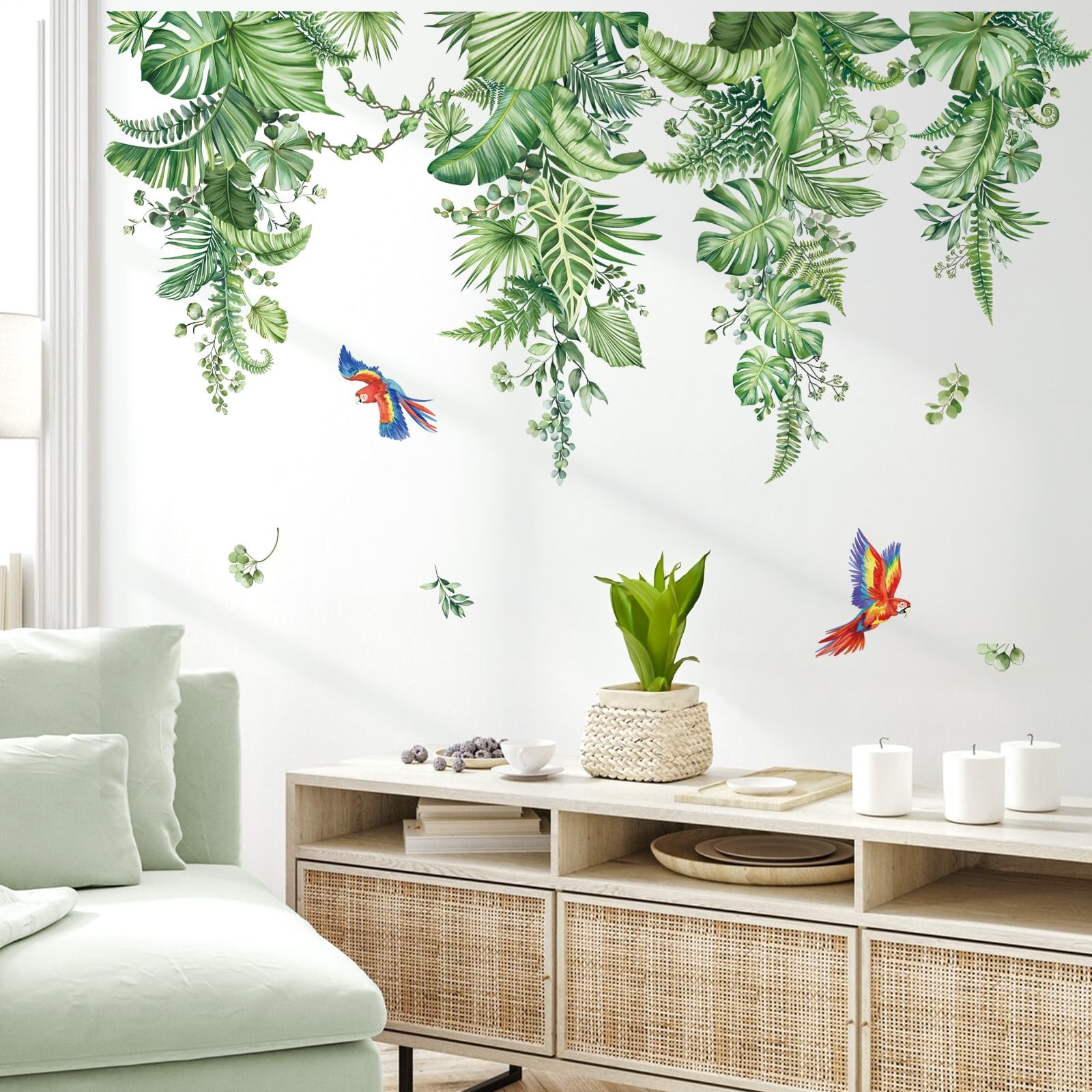 Hanging Tropical Leaves Wall Decals Green Plants Palm Leaf Vines Parrots Wall…