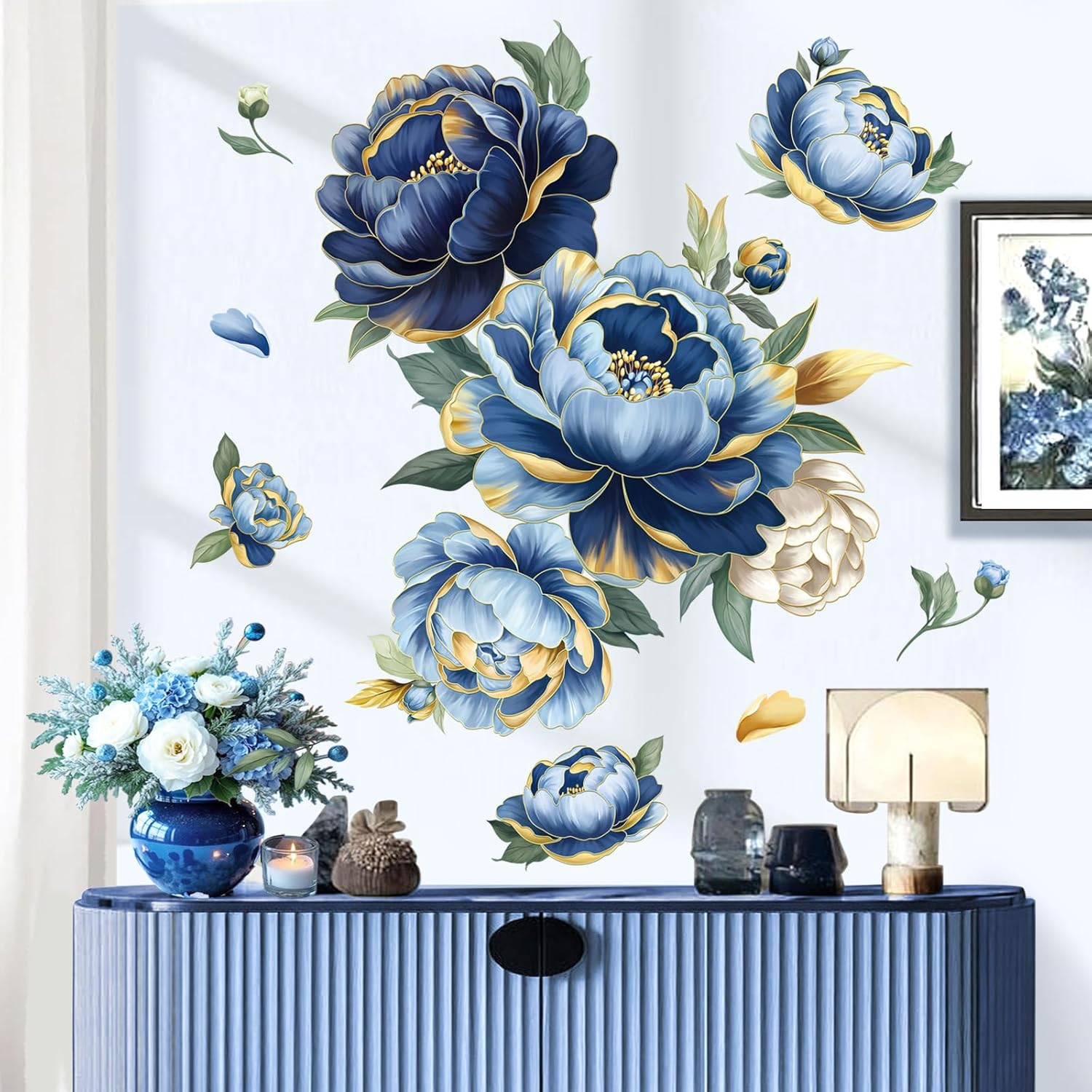 Large Blue Flower Wall Stickers Gold Leaves Penoy Floral Wall Decals Bedroom Liv