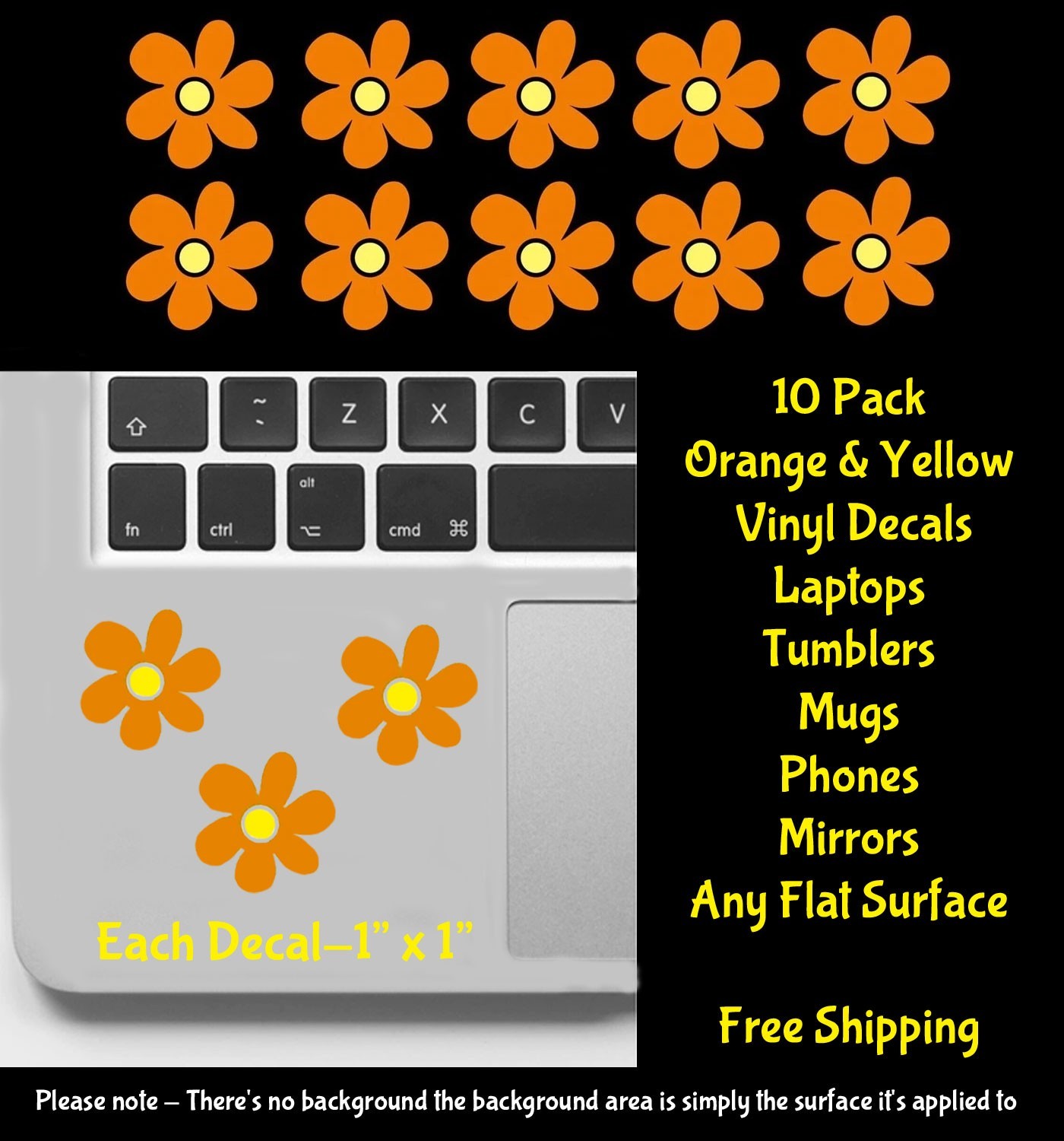 Daisy Hippie Flowers 12 PK 1″ Orange & Yellow Vinyl Decals Any Flat Surface