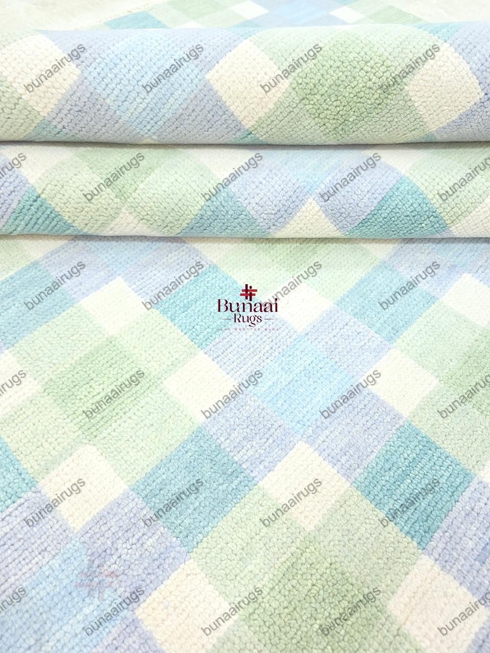 Handwoven Wool Flatweave Rug, Blue Green Checkered Plaid, Scandinavian Decor