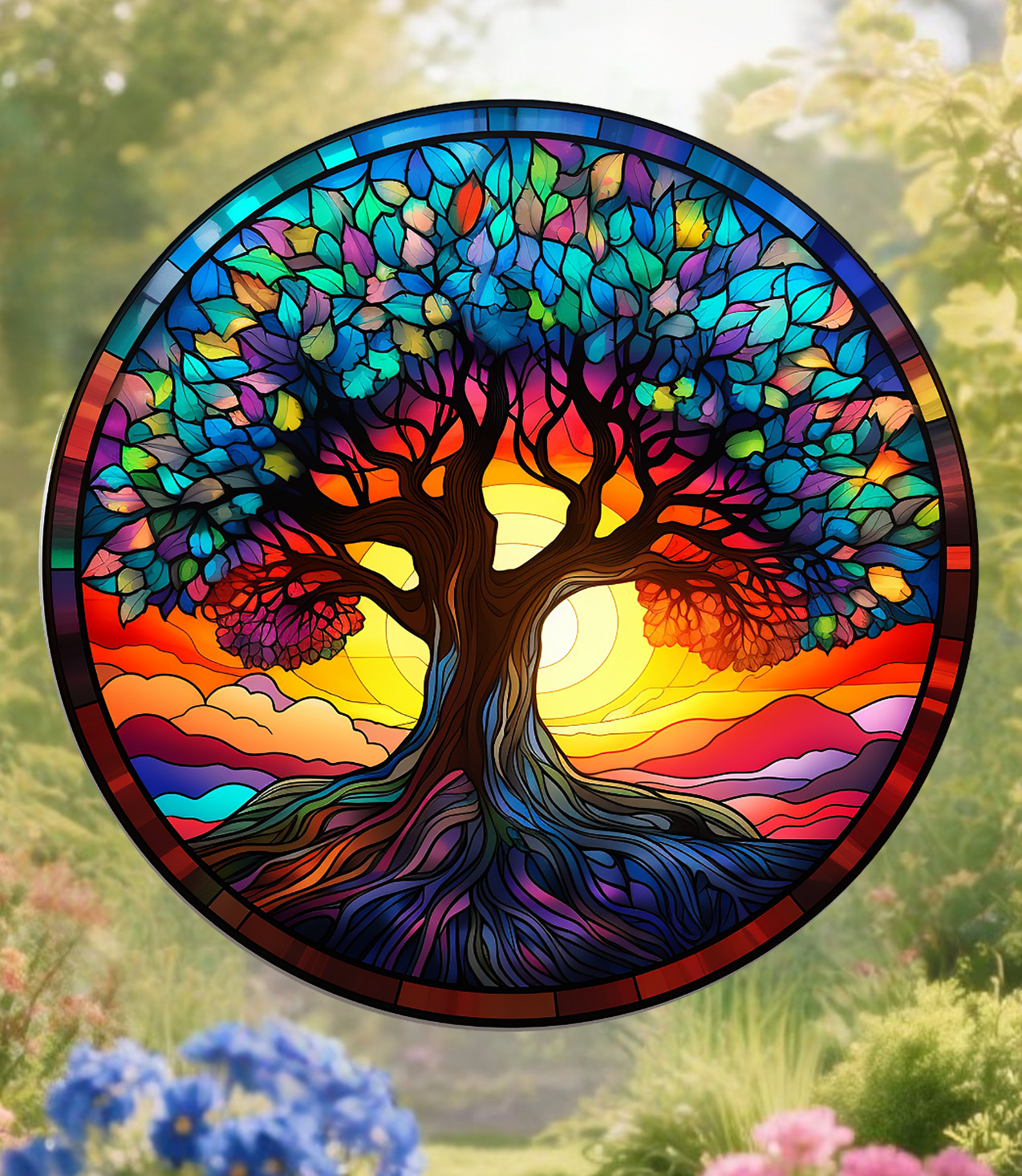 Tree of Life Round Faux Stained-Glass WINDOW CLING Size 8″ Round Vinyl