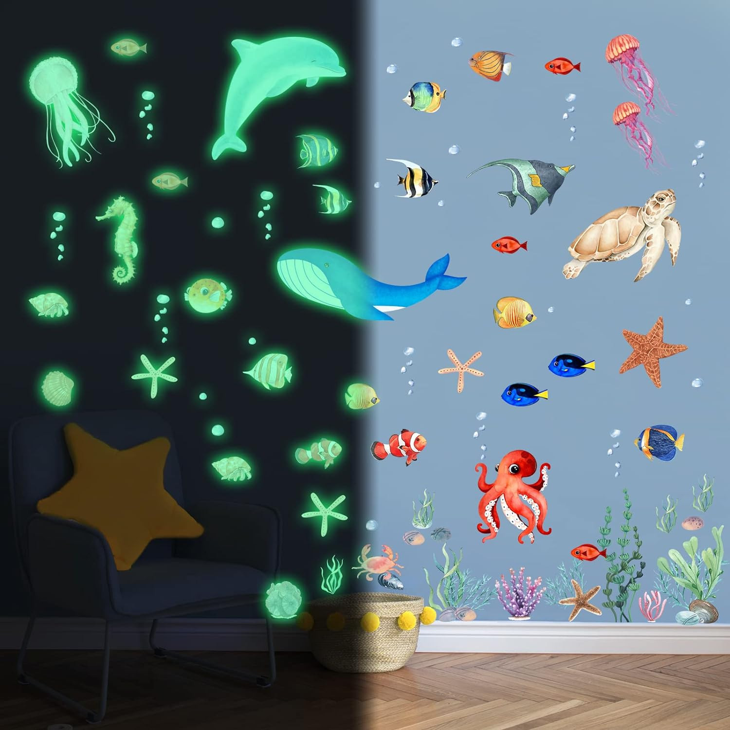 Sea Turtle Ocean Fish Wall Decals Glow in The Dark, Under The Sea Life Animals S