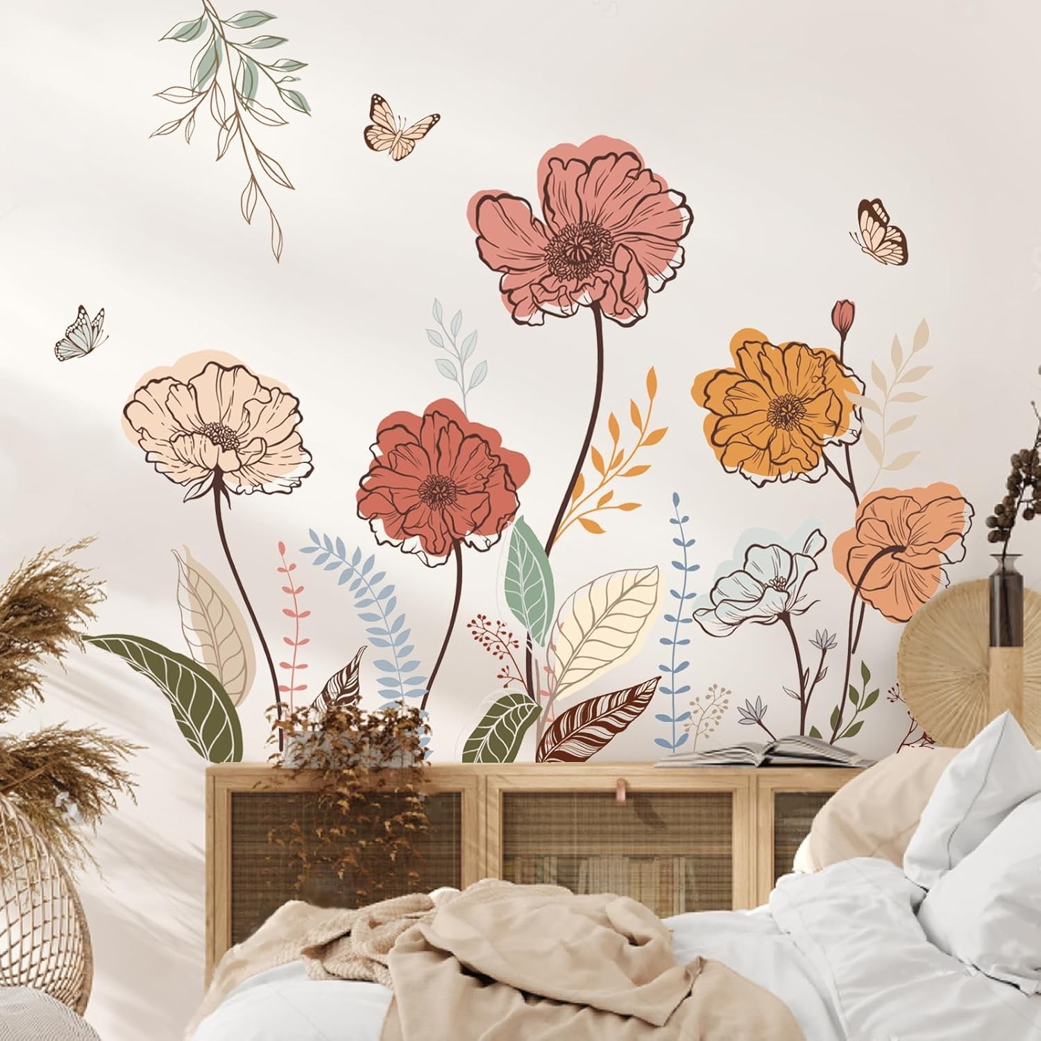 Boho Wildflower Wall Decals wondever Peel & Stick Floral Grass Art Stickers