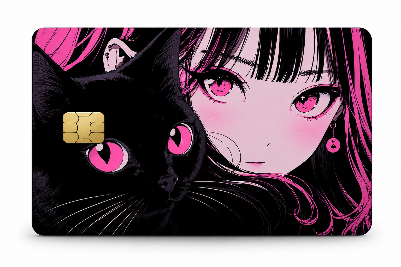 Pink Anime Girl Black Cat Credit Card Cover Vinyl Skin Sticker