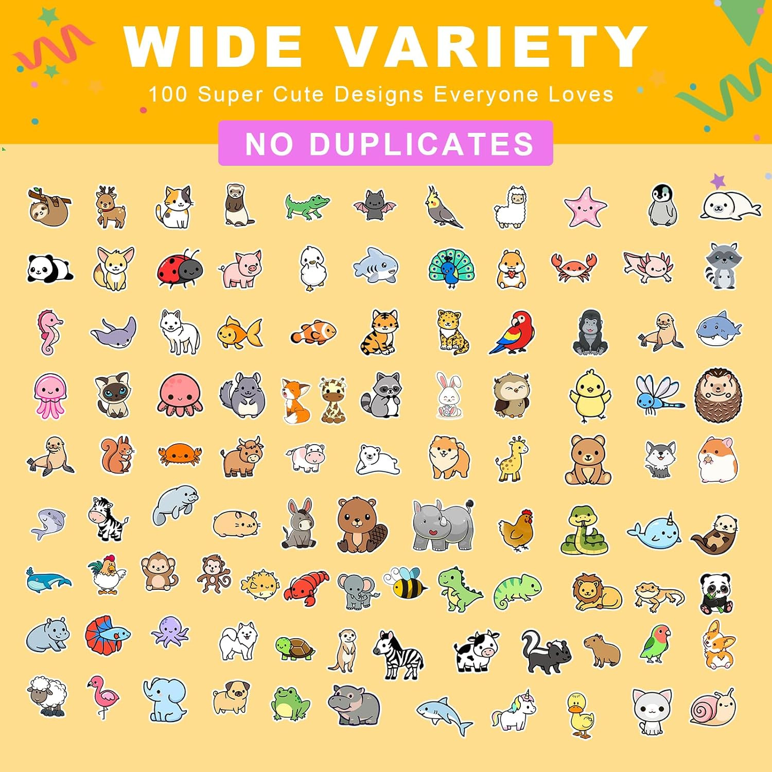 Cute Animal Stickers for Kids, 100pcs Cartoon Animals Vinyl Stickers Pack | Wate