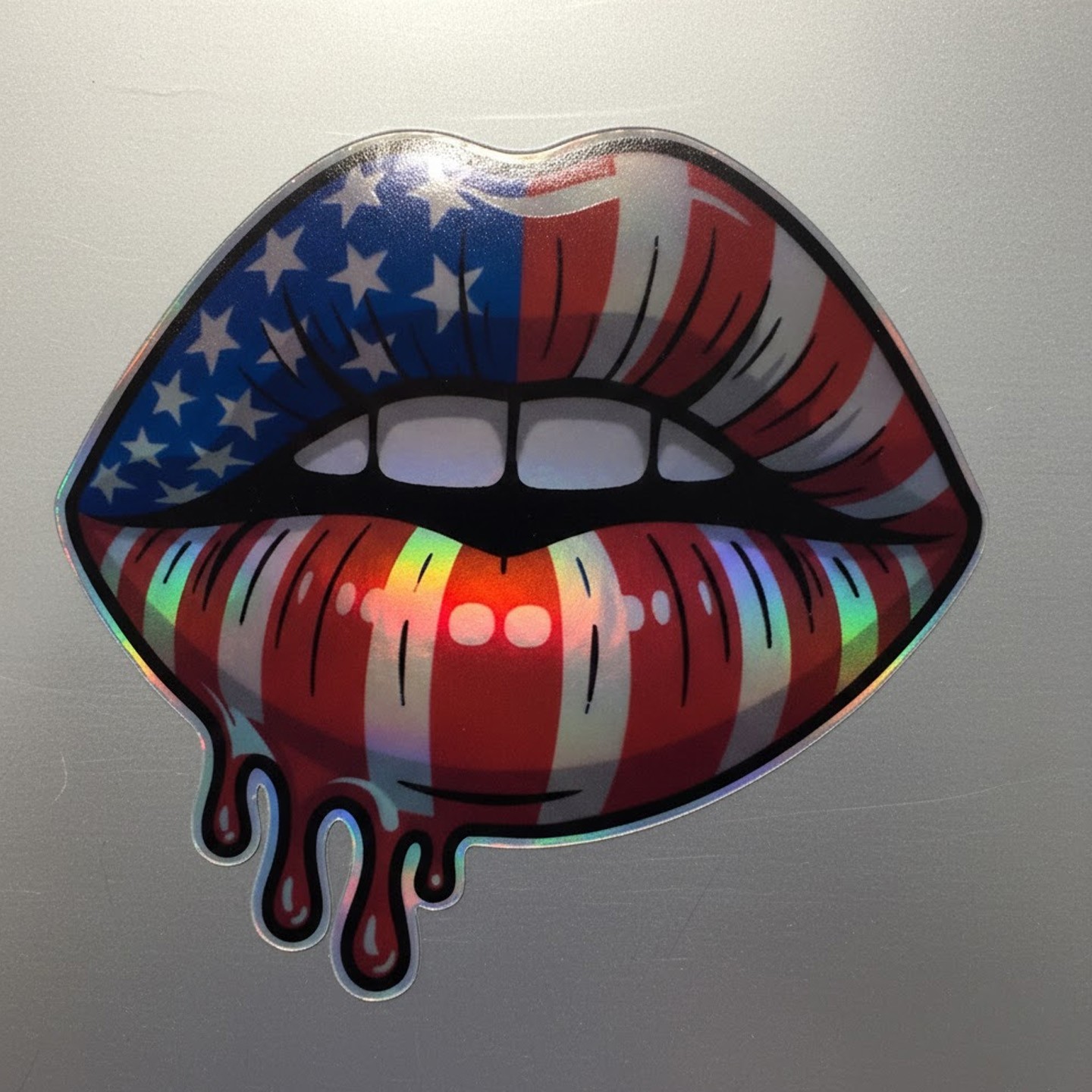 American Flag Drip Lips Sticker Decal – Patriotic USA Holographic Car Laptop
