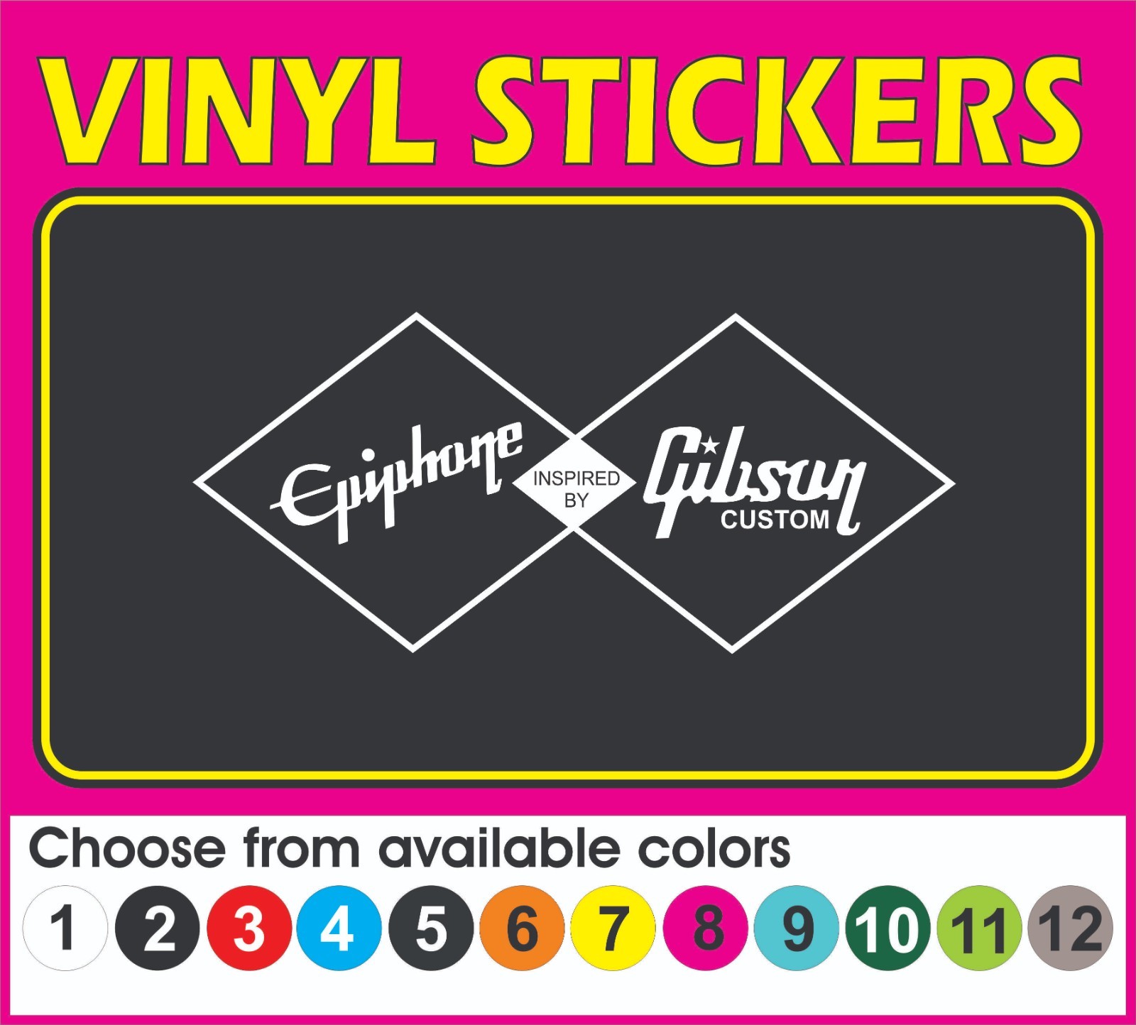 This decal/sticker is compatible with Epiphone by Gibson and others 12″