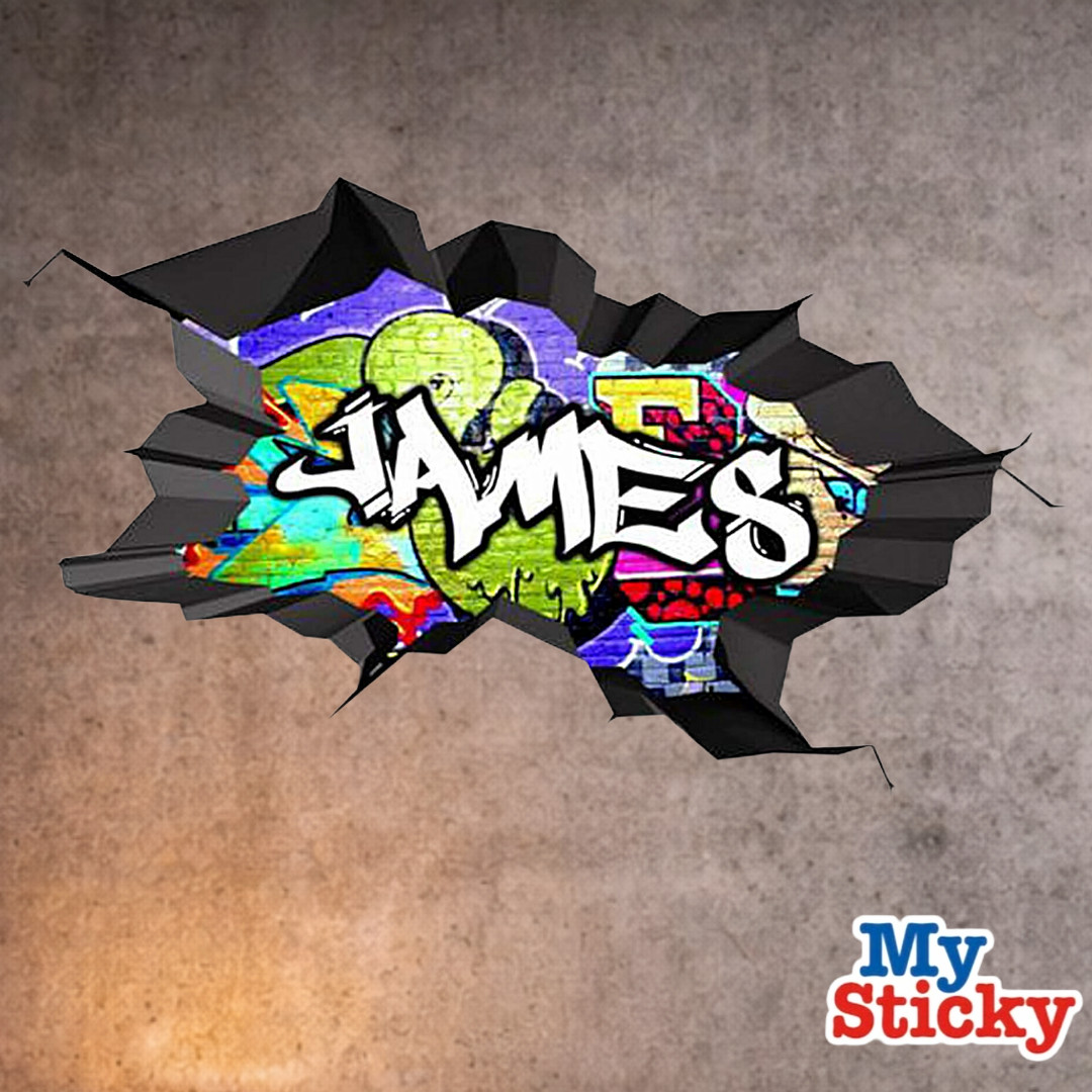 Custom Graffiti Name Wall Decal 3D Breakthrough Gamer Room Street Art Sticker