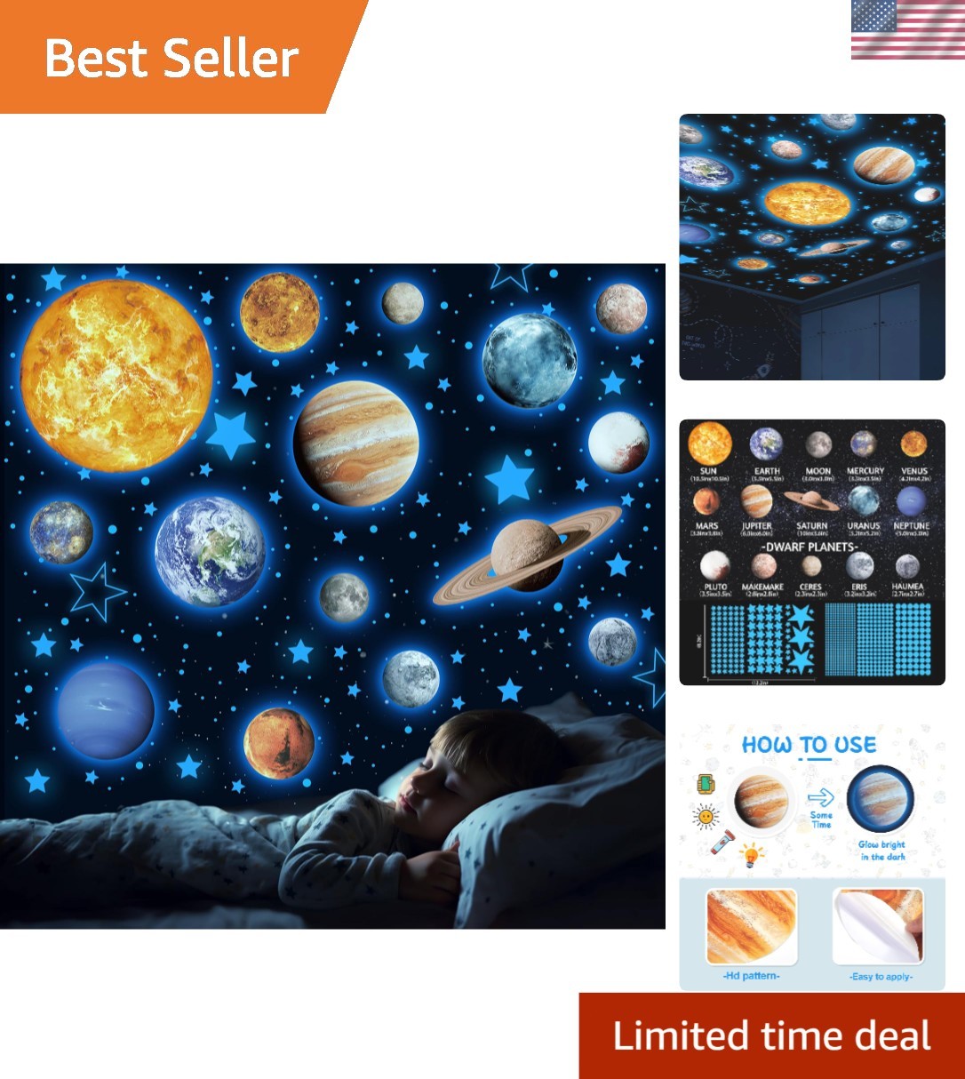 Glow in The Dark Stars Planets Wall Decals Kids Room Ceiling Stickers Blue