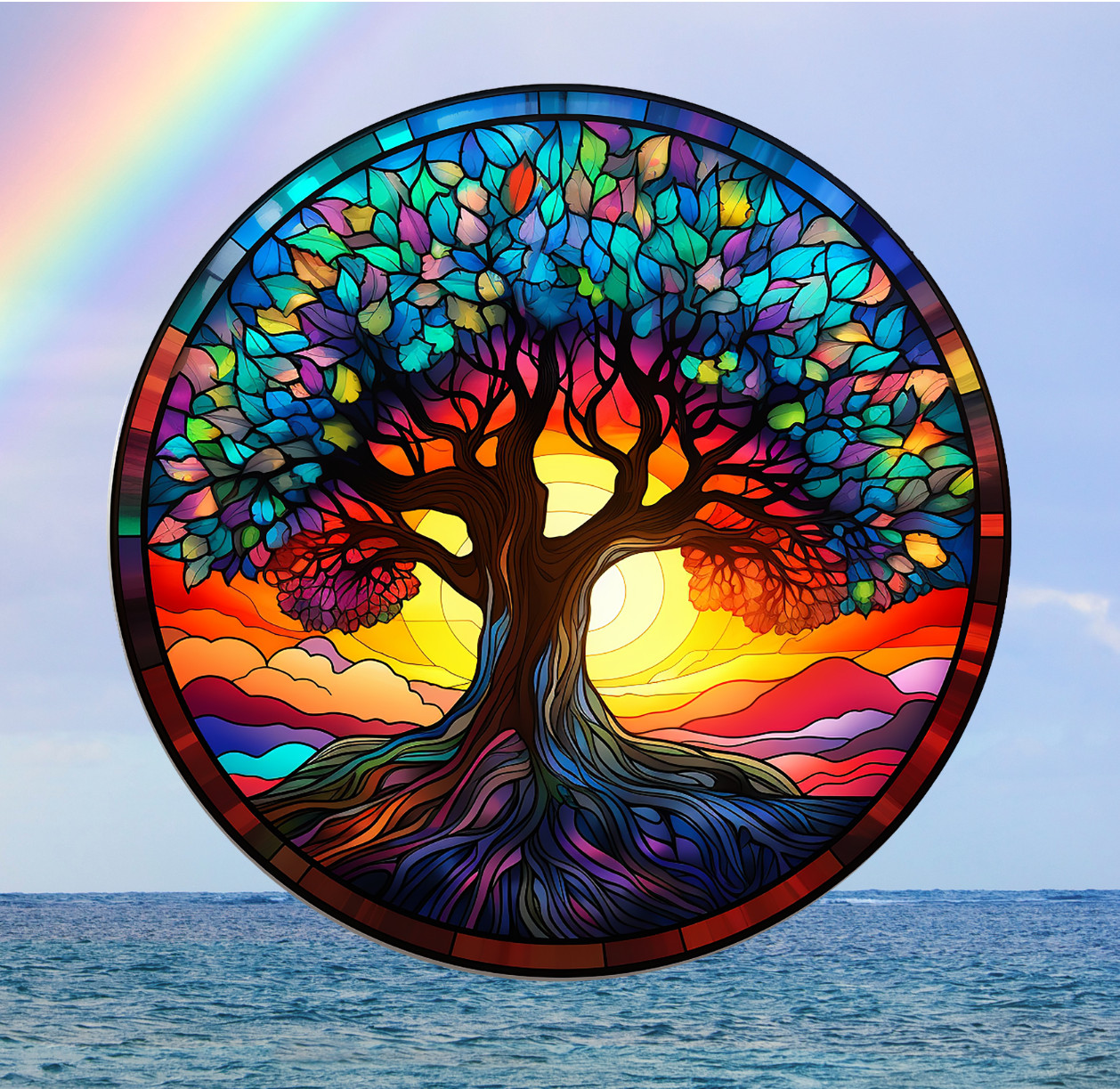 Tree of Life Round Faux Stained-Glass WINDOW CLING Size 8″ Round Vinyl