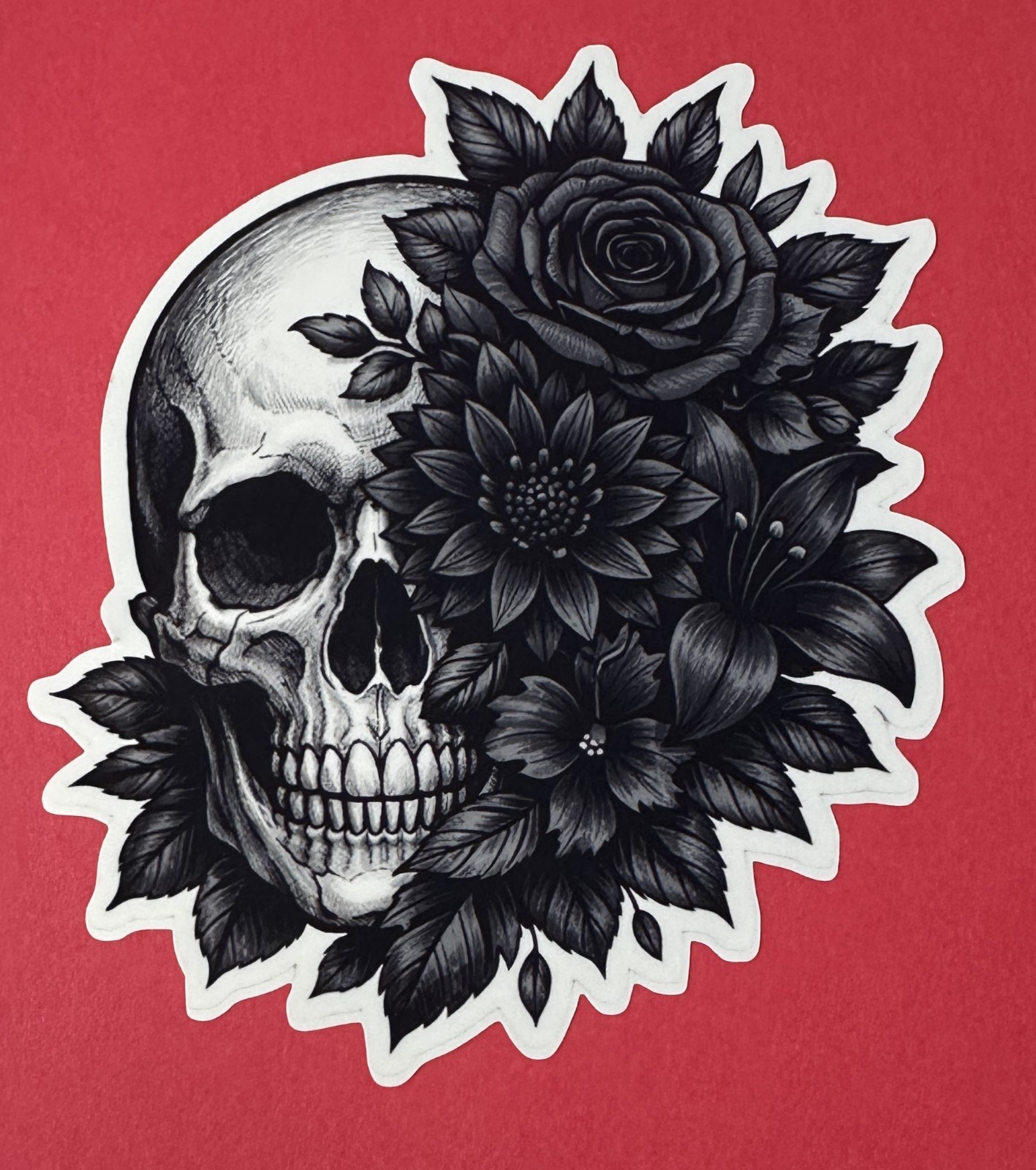 3 inch Black Skull Floral Vinyl Sticker Gothic Rose Flower Skeleton Decal