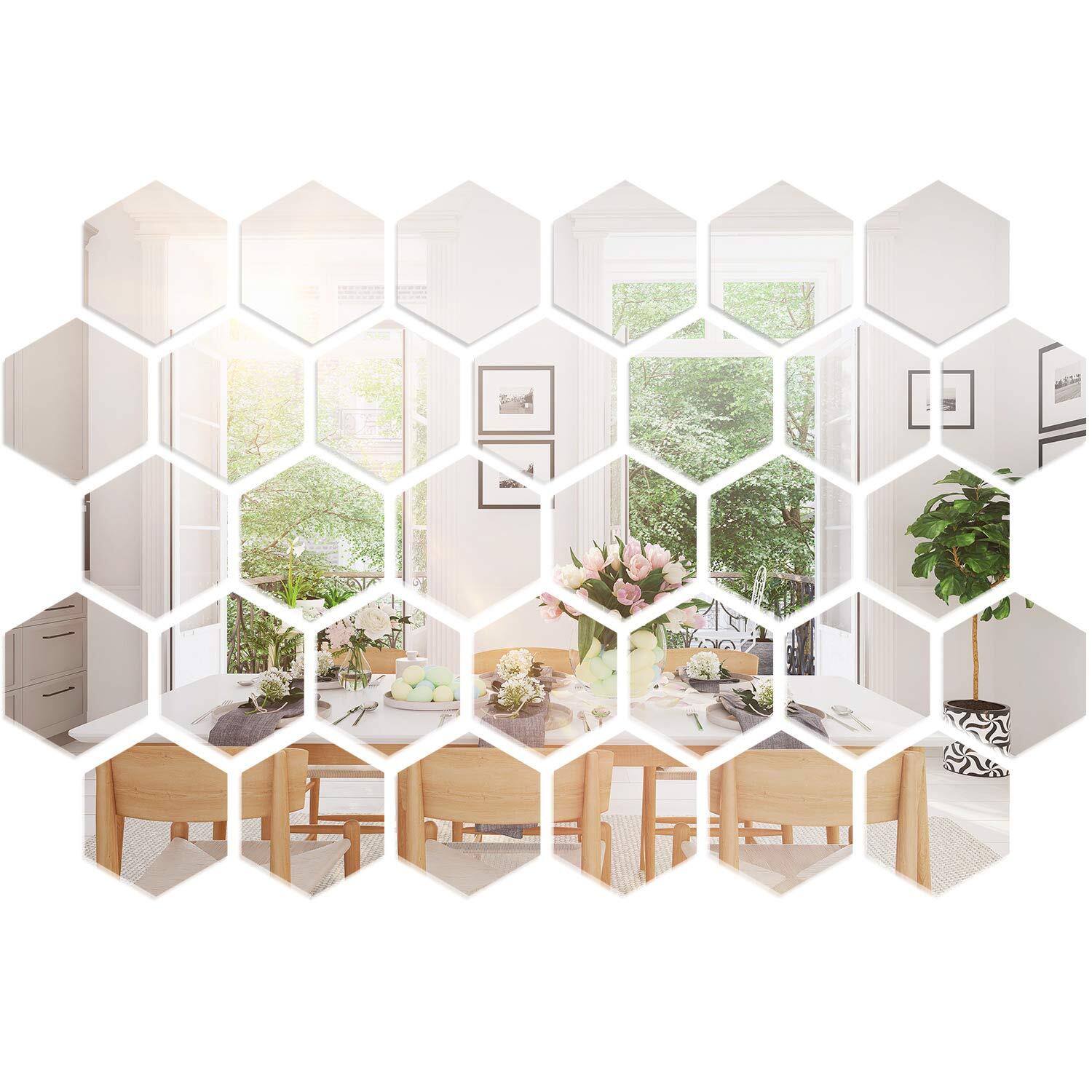 32 Pcs Hexagon Mirror Wall Stickers Honeycomb Decals, 10×8.6x5cm
