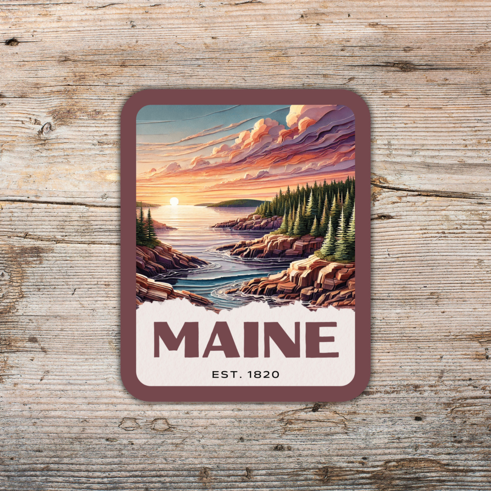 Maine State Sticker, Paper Collage Look, Scenic Rocky Shoreline Vinyl Decal