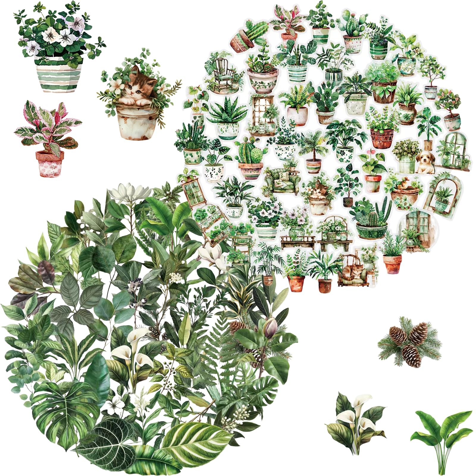 100PCS Green Plant Transparent Stickers,Potted Floral Plants