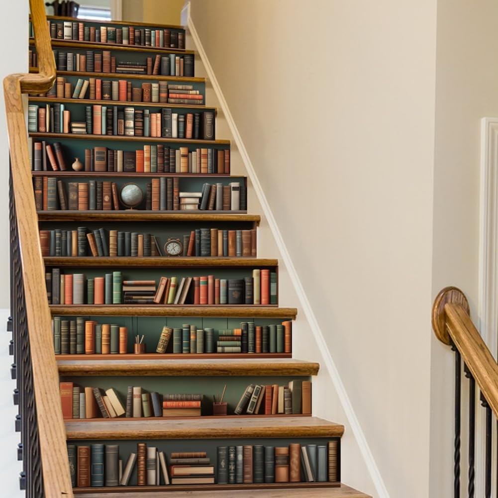 15 Strips Vintage Bookshelf Stair Decals, Peel and Stick Stair Riser Stickers…
