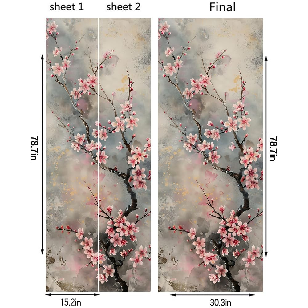 REDAMANCY Vintage Pink Cherry Flower Tree Watercolor Peel and Stick Door Stic…