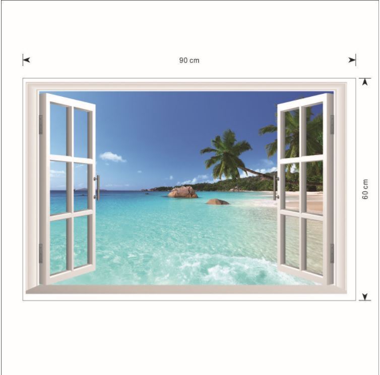 Wall Sticker 3D Window Hawaii Beach Living Room Bedroom Decal Lobby