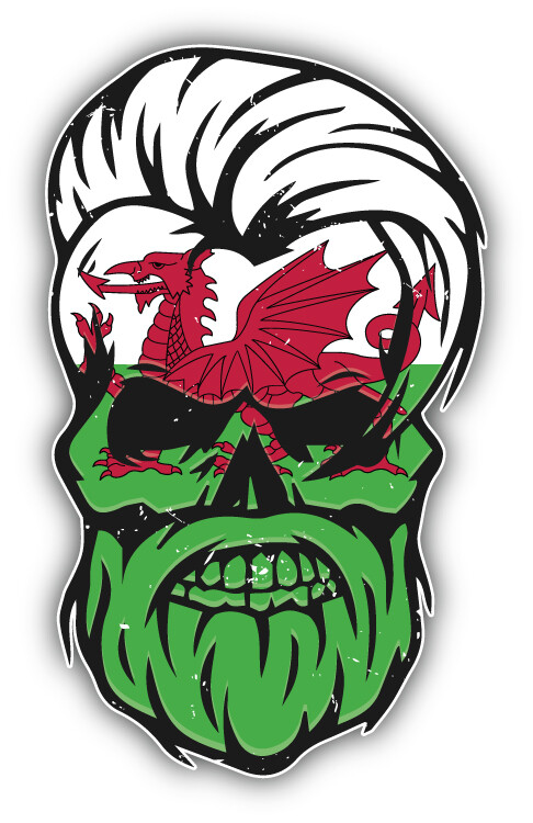 Grunge Beard Skull Wales Flag Sticker Decal
