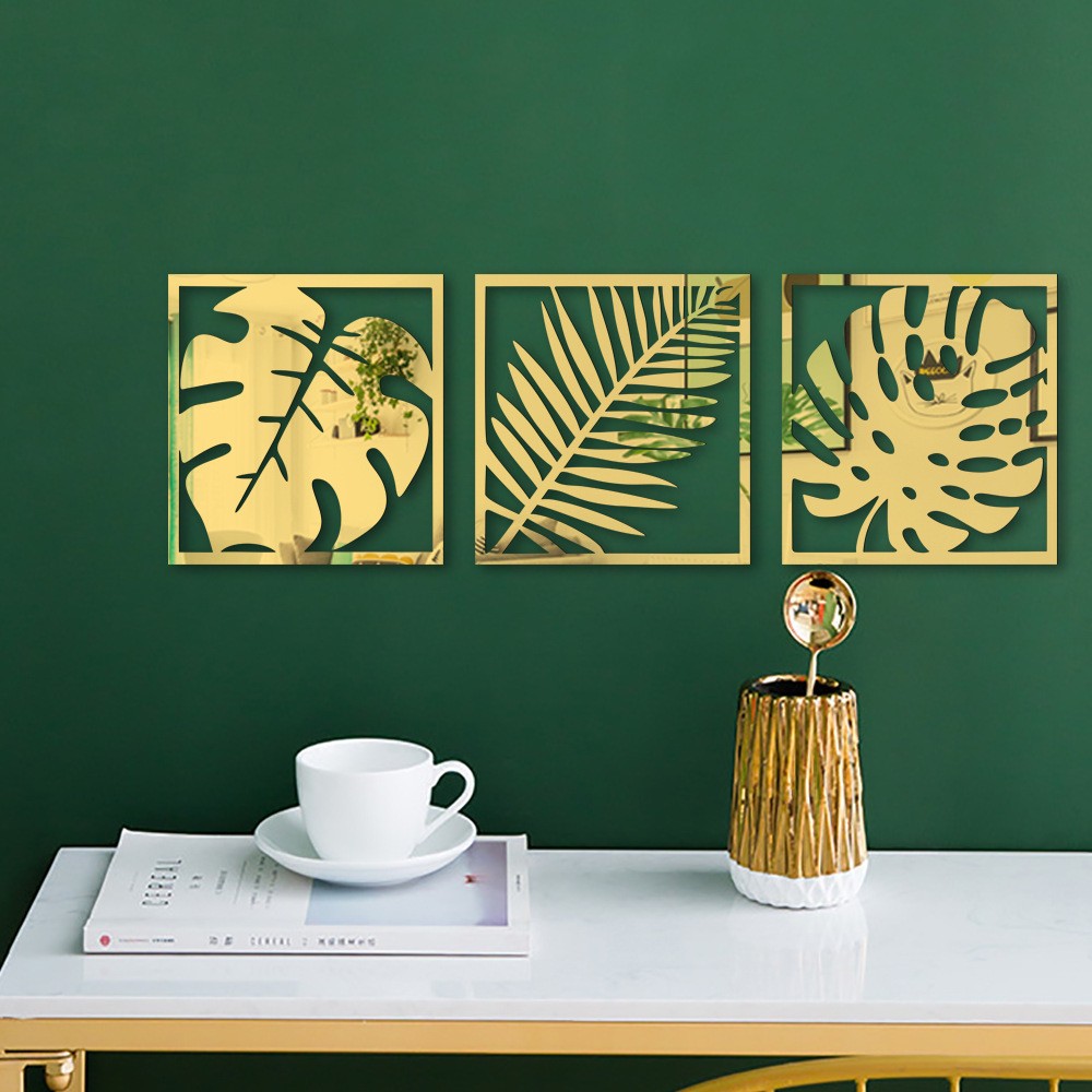 Tropical Foliage Square Mirror Wall Decals 3Pcs Household Wall Art Decoration