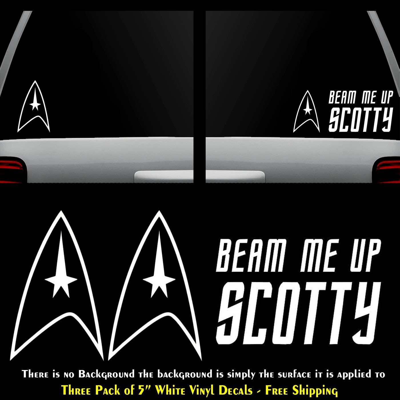 Star Trek Logo & Beam Me Up Scotty 3 Pack of 5″ White Vinyl Decals Car Window