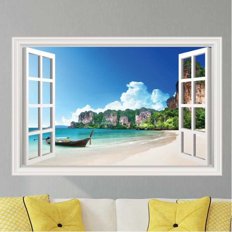 Beach Scene Island Boat Wall Decal Sticker Graphic Art – (4 Size Options)