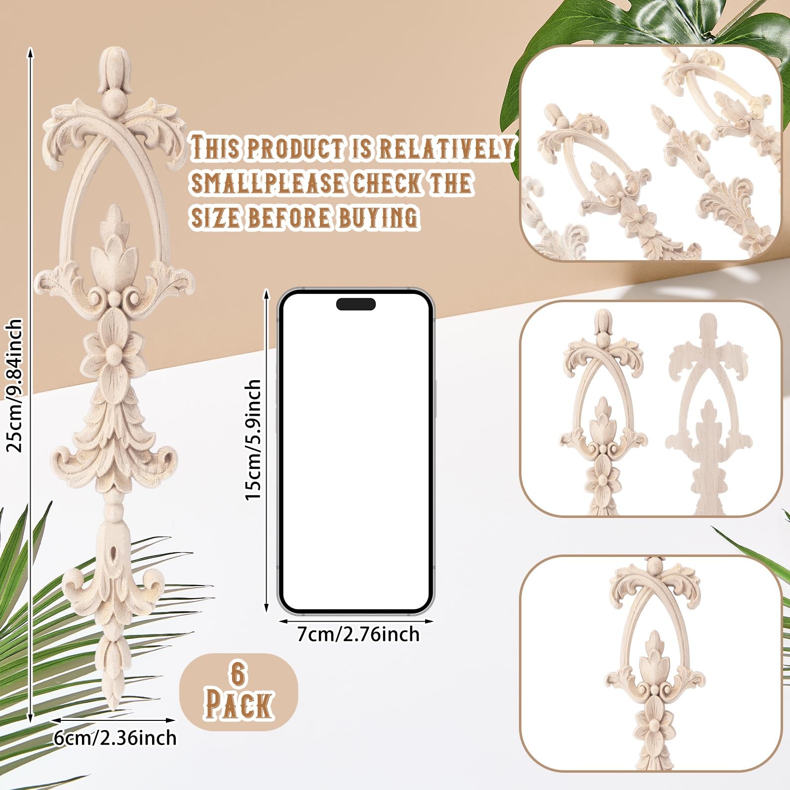 6 Pcs Long Wood Carved Appliques Onlays Frame Decals Frame Furniture Decorati…