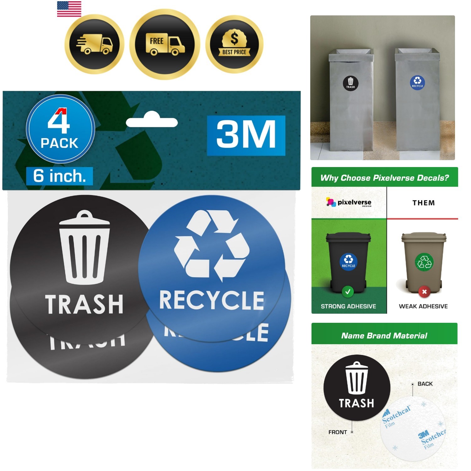 Recycle Stickers for Trash Bins – 6″x6″ Round Decals, 4 Pack Set – Recycling …