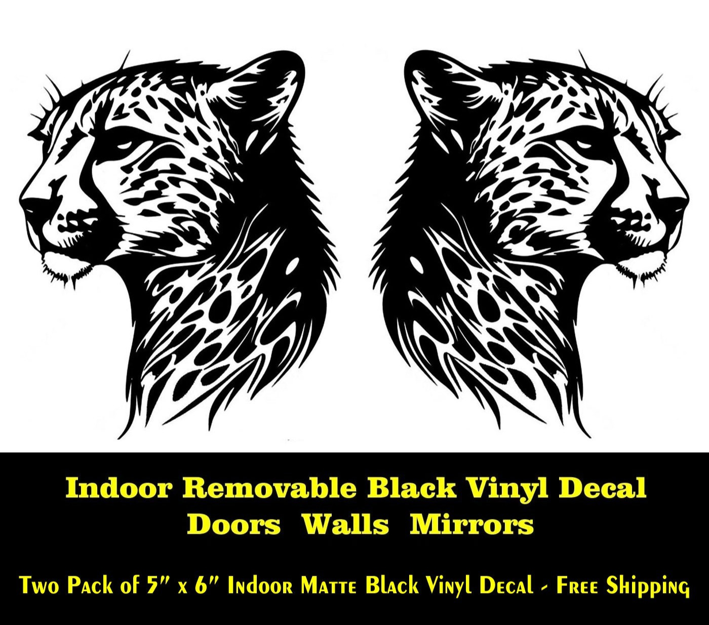 Cheetah Leopard Two 6″ x 5″ Indoor Matte Black Vinyl Decal Wall Mirror Door
