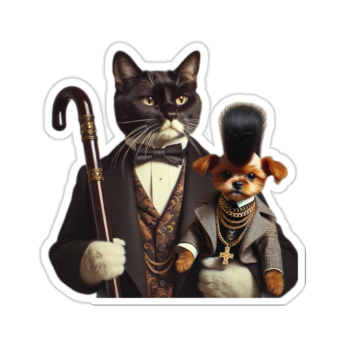 Sticker Classy Gentleman Cat Holding Small Dog Mohawk Chains 2×2″ 3×3″ 4×4″ 6×6″