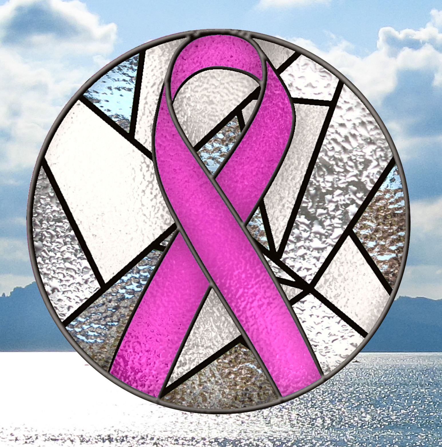 Breast Cancer Awareness Ribbon Faux Stained-Glass WINDOW CLING Size 8″ Vinyl