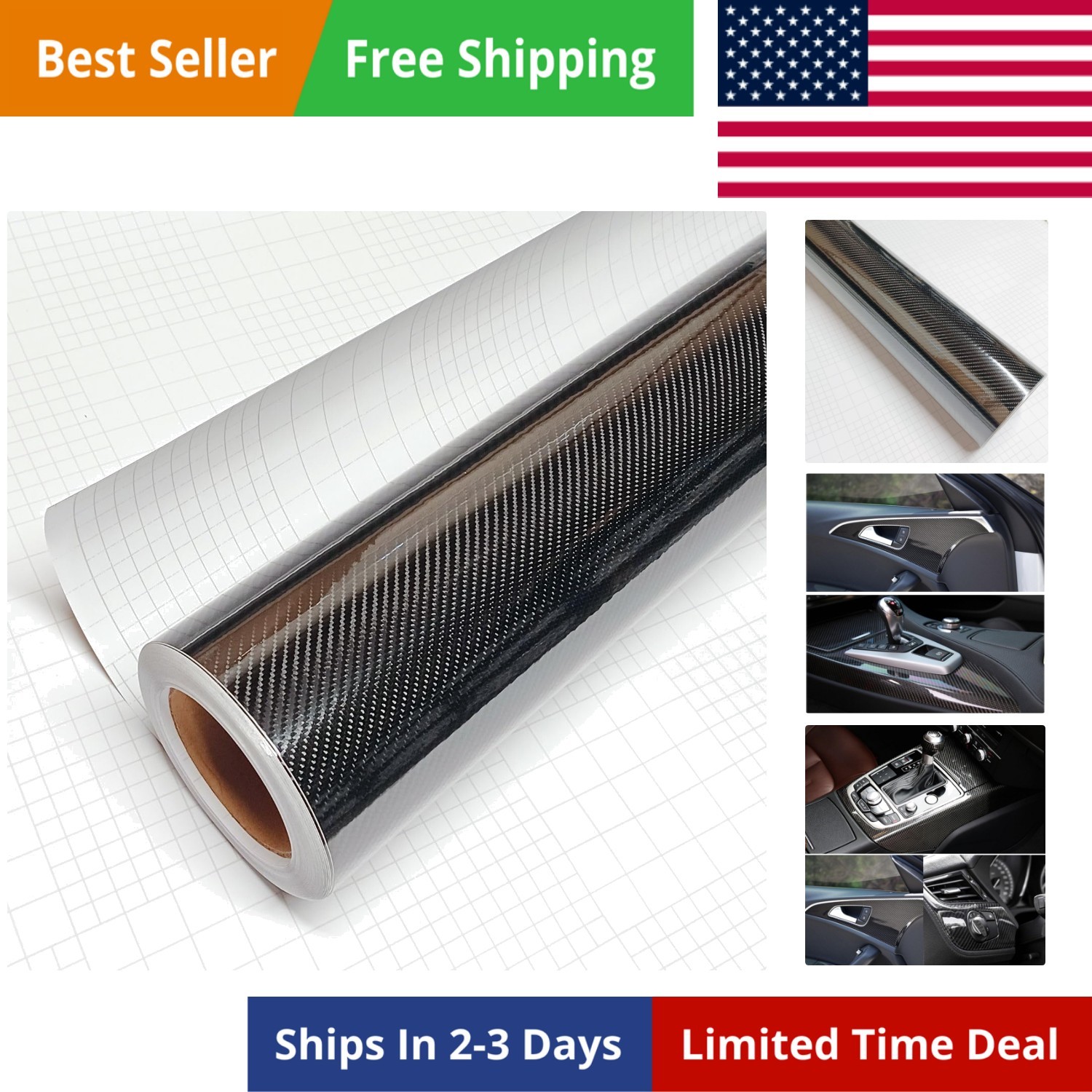 High Gloss 6D Black Carbon Fiber Vinyl Wrap Sticker with Air Release Bubble F…