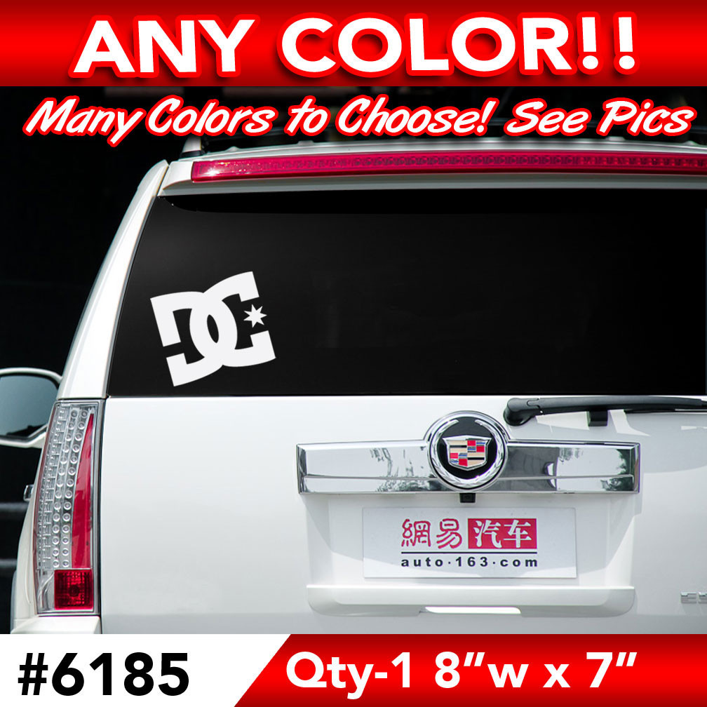 “DC SHOES” SOLID LARGE REAR WINDOW DECAL STICKER 8″w x 7″h ANY 1 COLOR