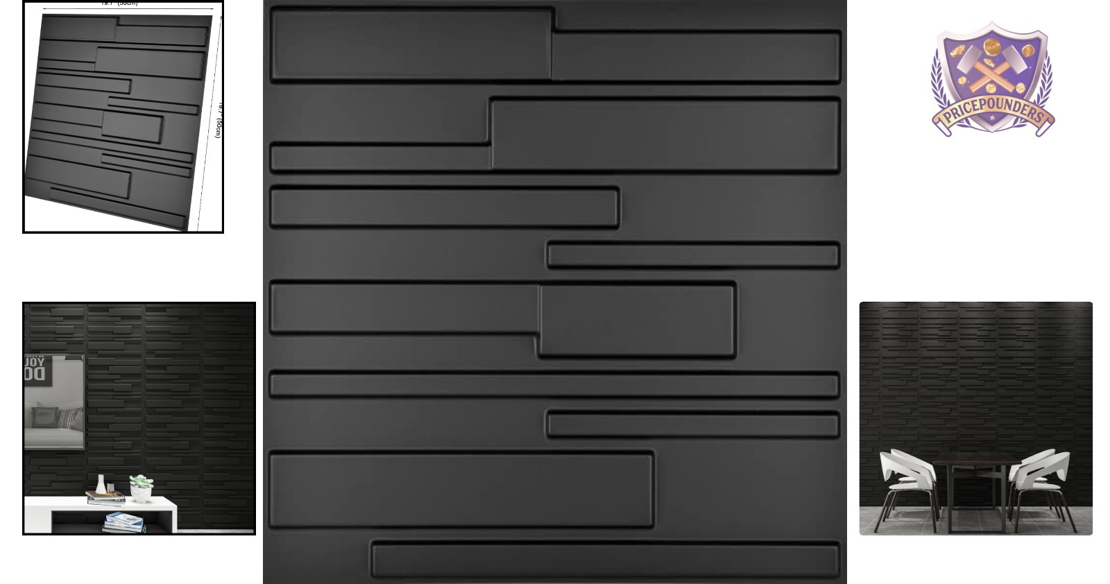 19.7×19.7in PVC 3D Wall Panels Pack of 12 Geometric Black DIY Decor