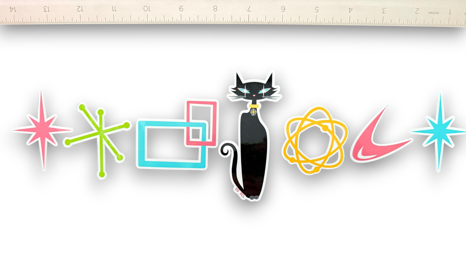 Retro Atomic Mid Century Symbol Vinyl Stickers Starburst Atom Black Cat