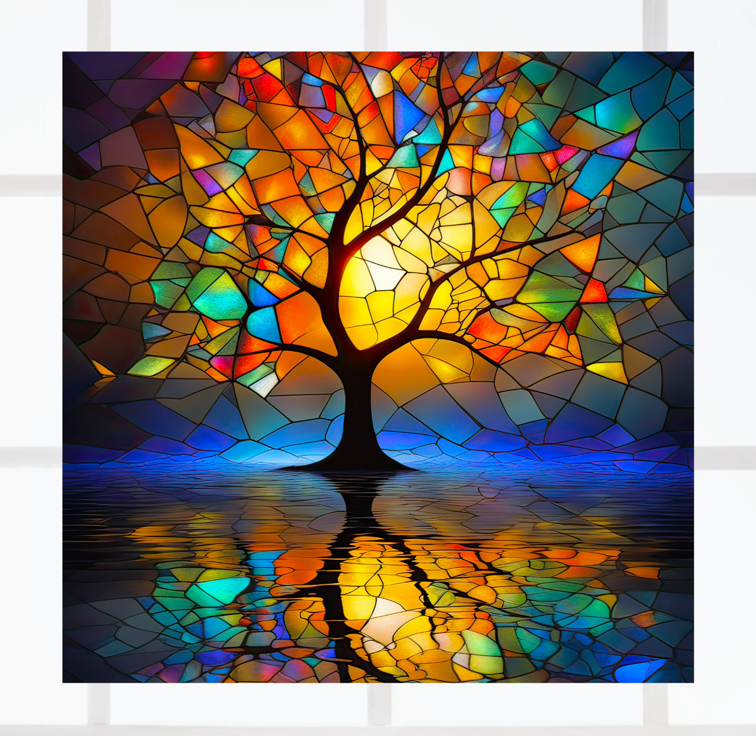 Tree with Reflection ~ Faux Stained-Glass WINDOW CLING Size 8″ Square Vinyl