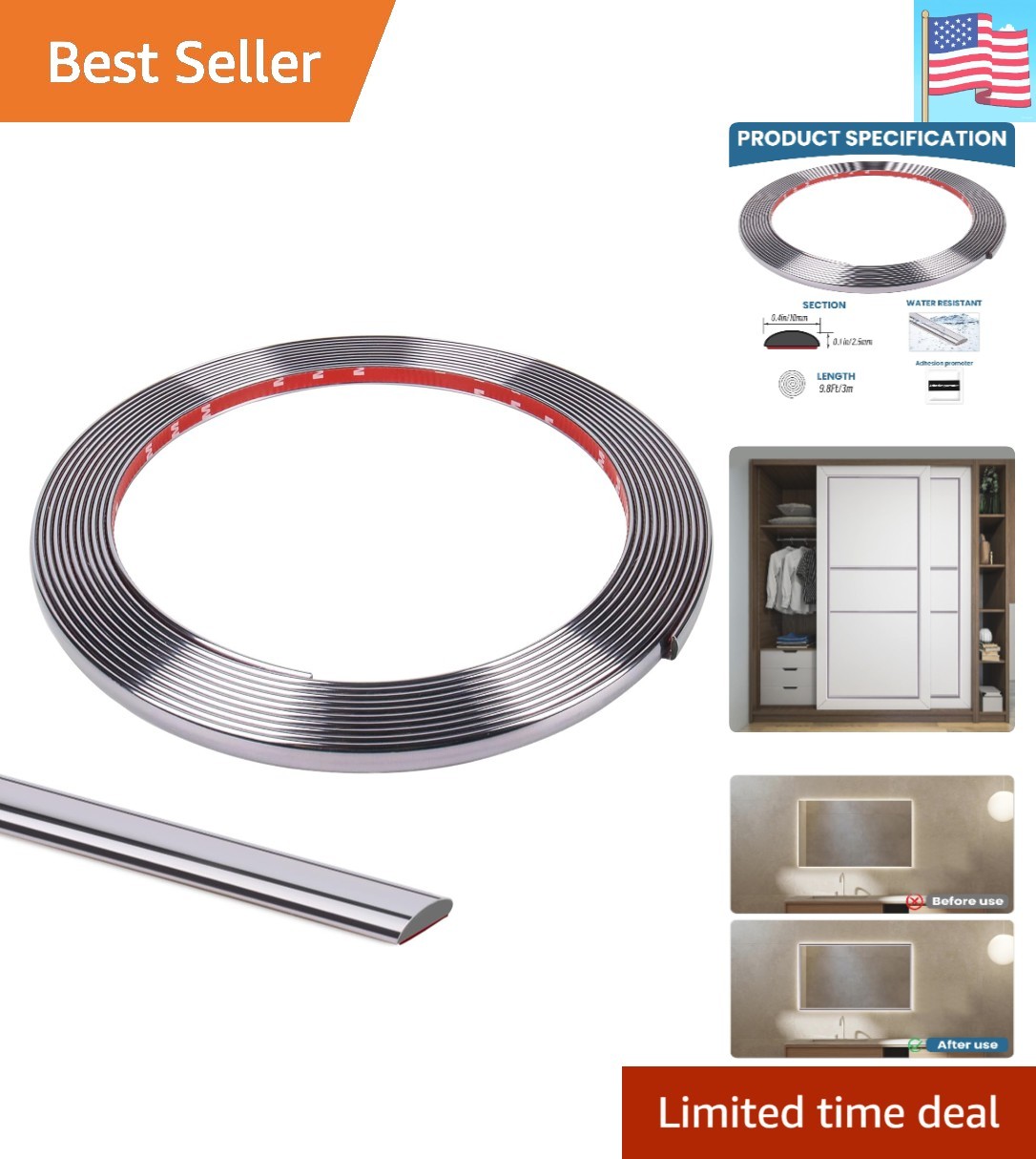 Flexible Wall Molding Trim Self Adhesive Mirror Tape Border 0.4 * 0.1in Peel …