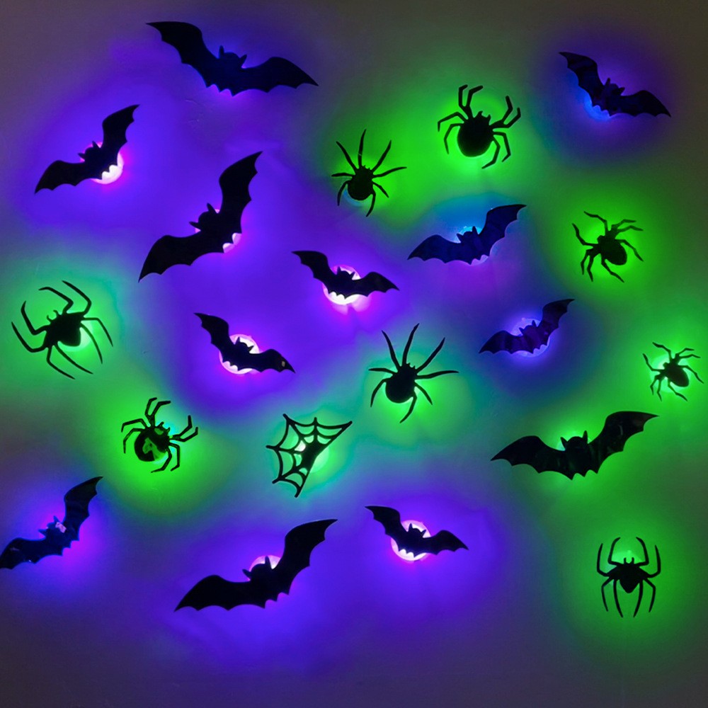 42pcs Halloween Wall Decor 3D Led Bats Spiders Wall Stickers Removable Light Up