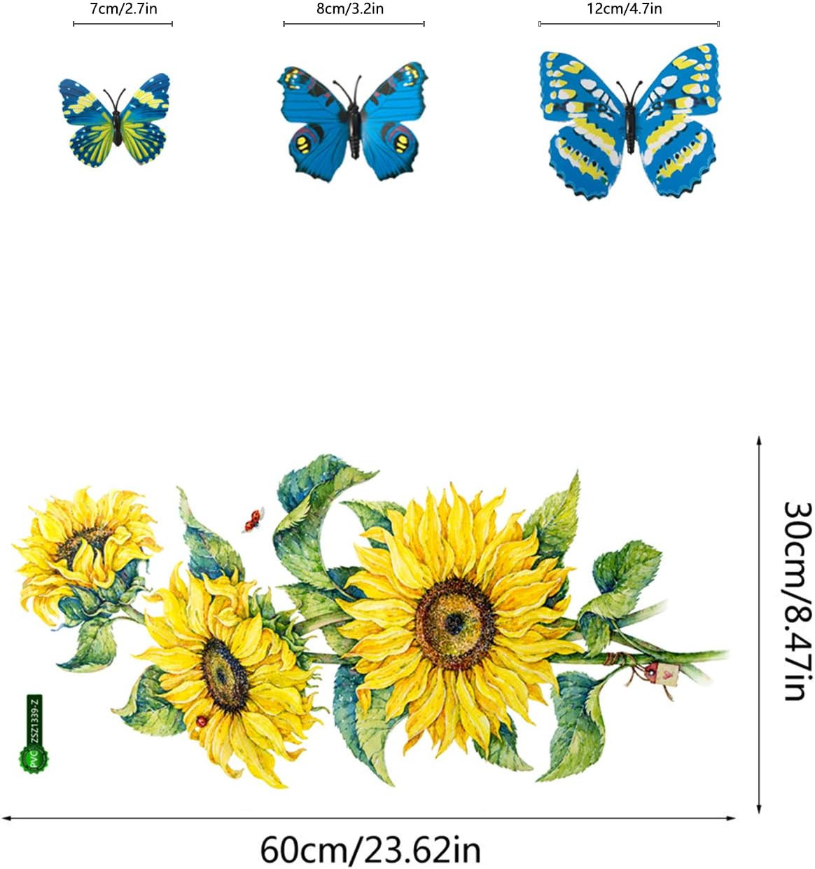 Sunflower Wall Decals with 3D Butterfly Wall Sticker,Garden Flower Wall Stickers
