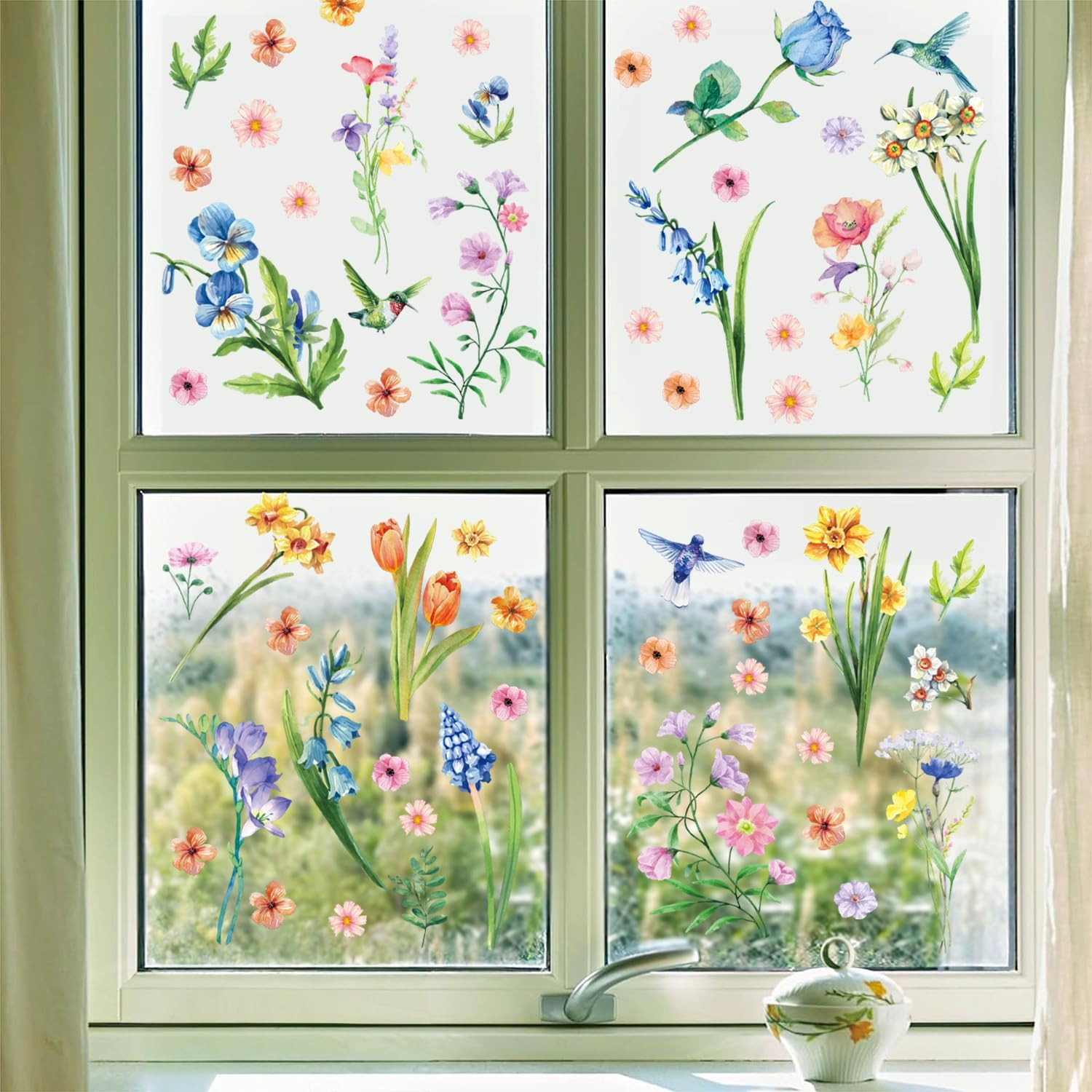 Aryroi Spring Flower Window Sticker Floral Decals Green 12.2×1.3 inch