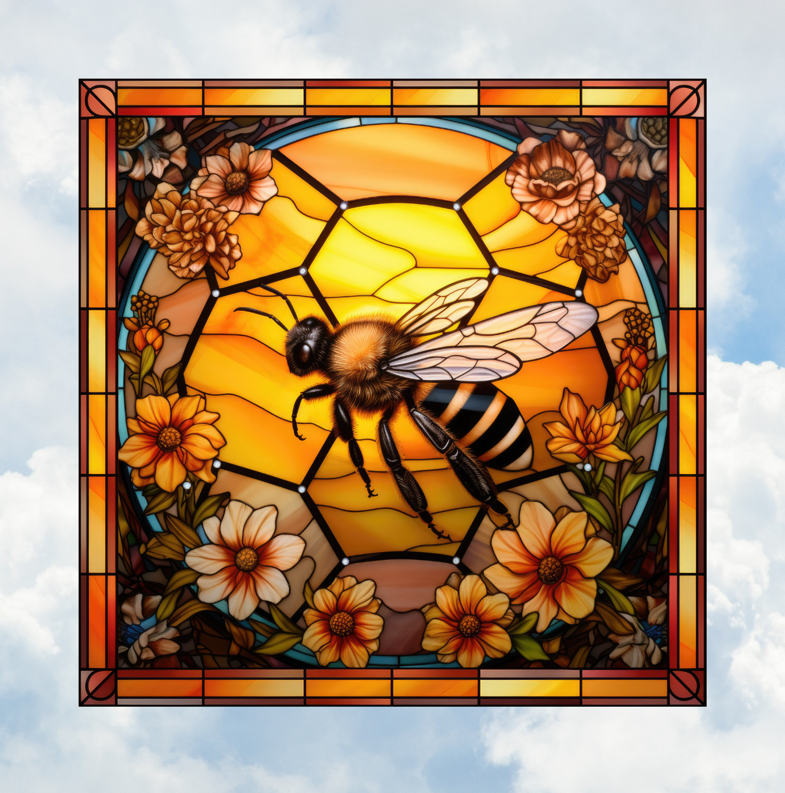 Bee Honeycomb Faux Stained-Glass WINDOW CLING Size 8″ Square Vinyl