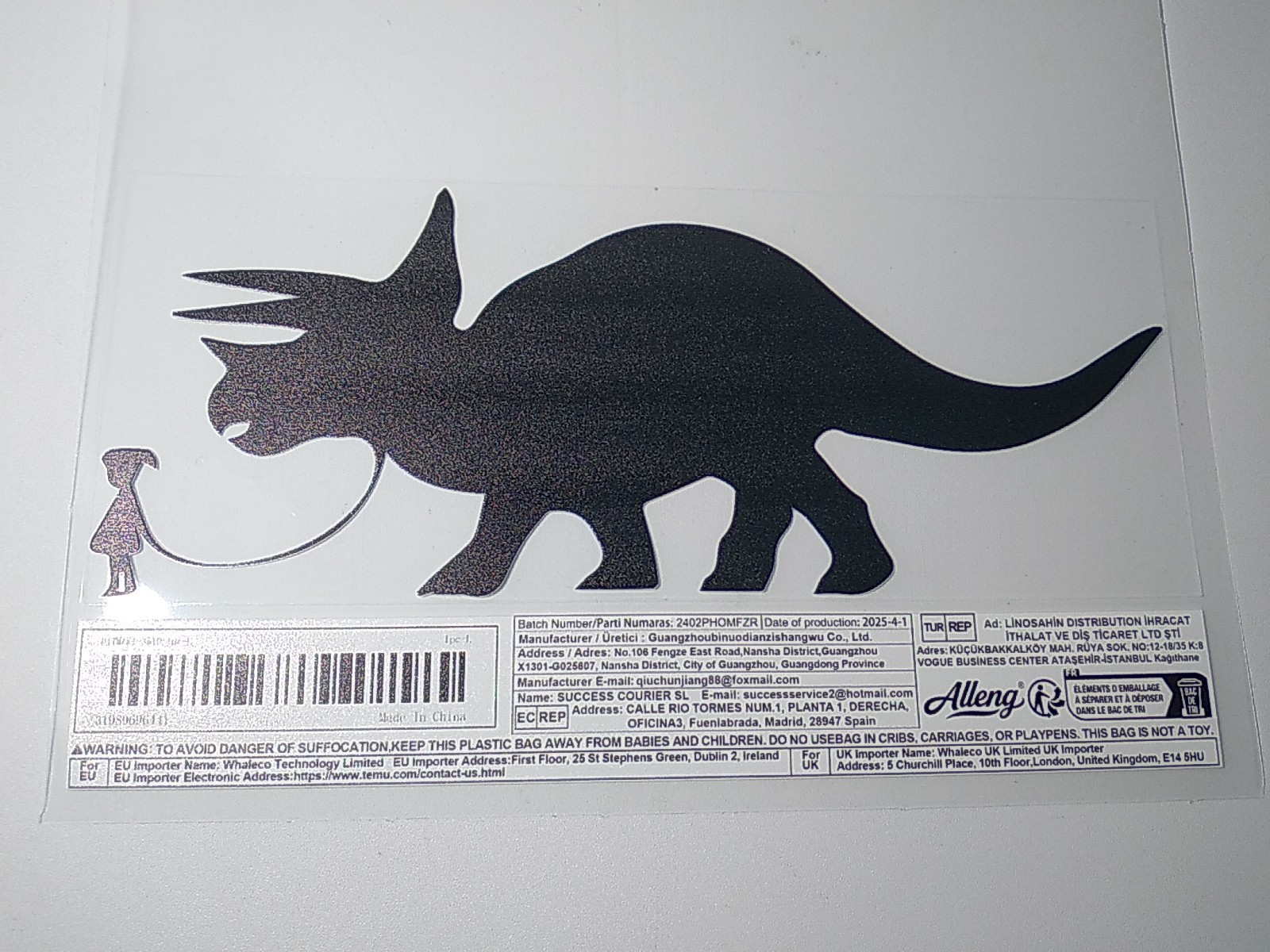 Little Girl Walking Pet Triceratop- Decal Sticker Black 8 inch length