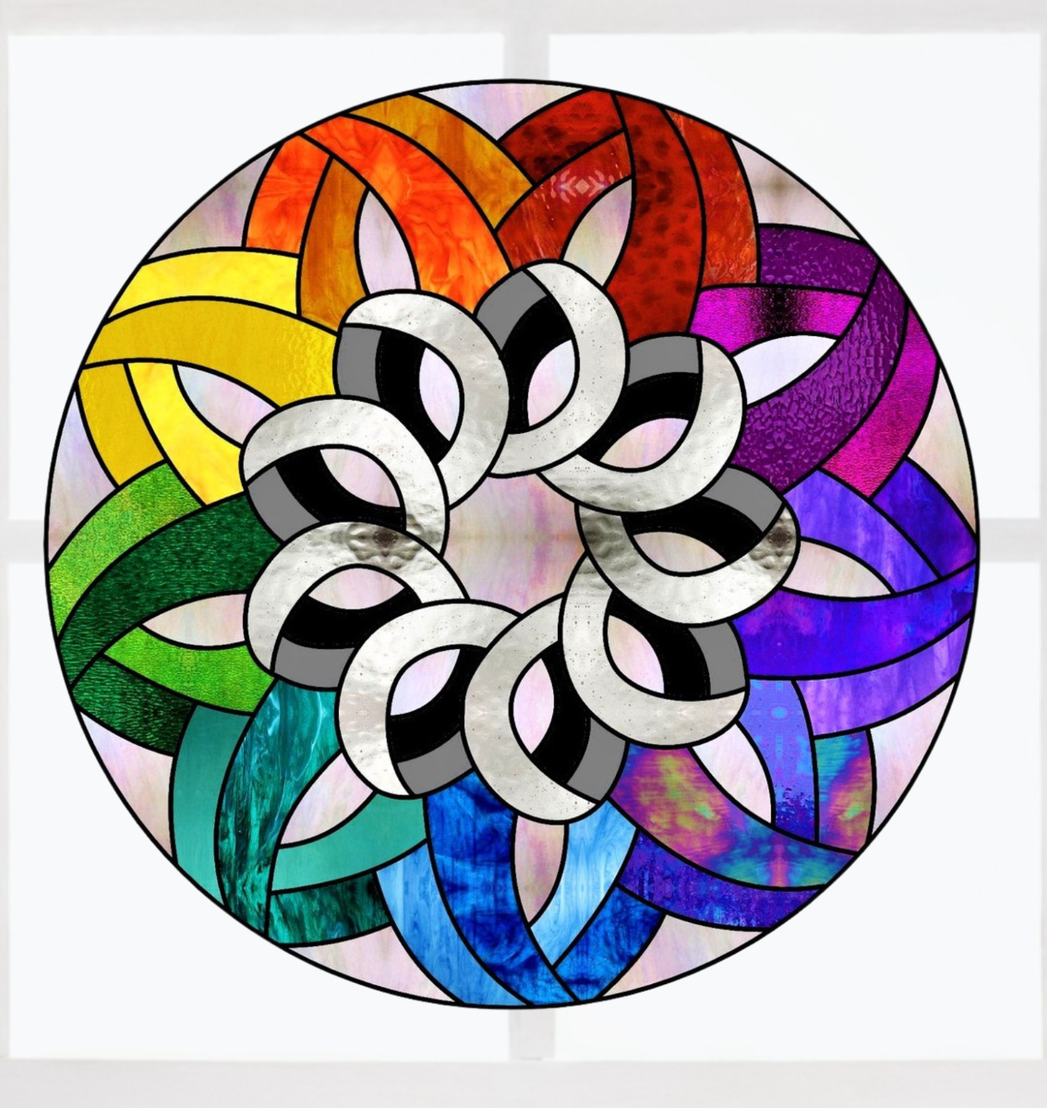 Colorful Geometric Rainbow Faux Stained-Glass WINDOW CLING Size 8″ Round Vinyl