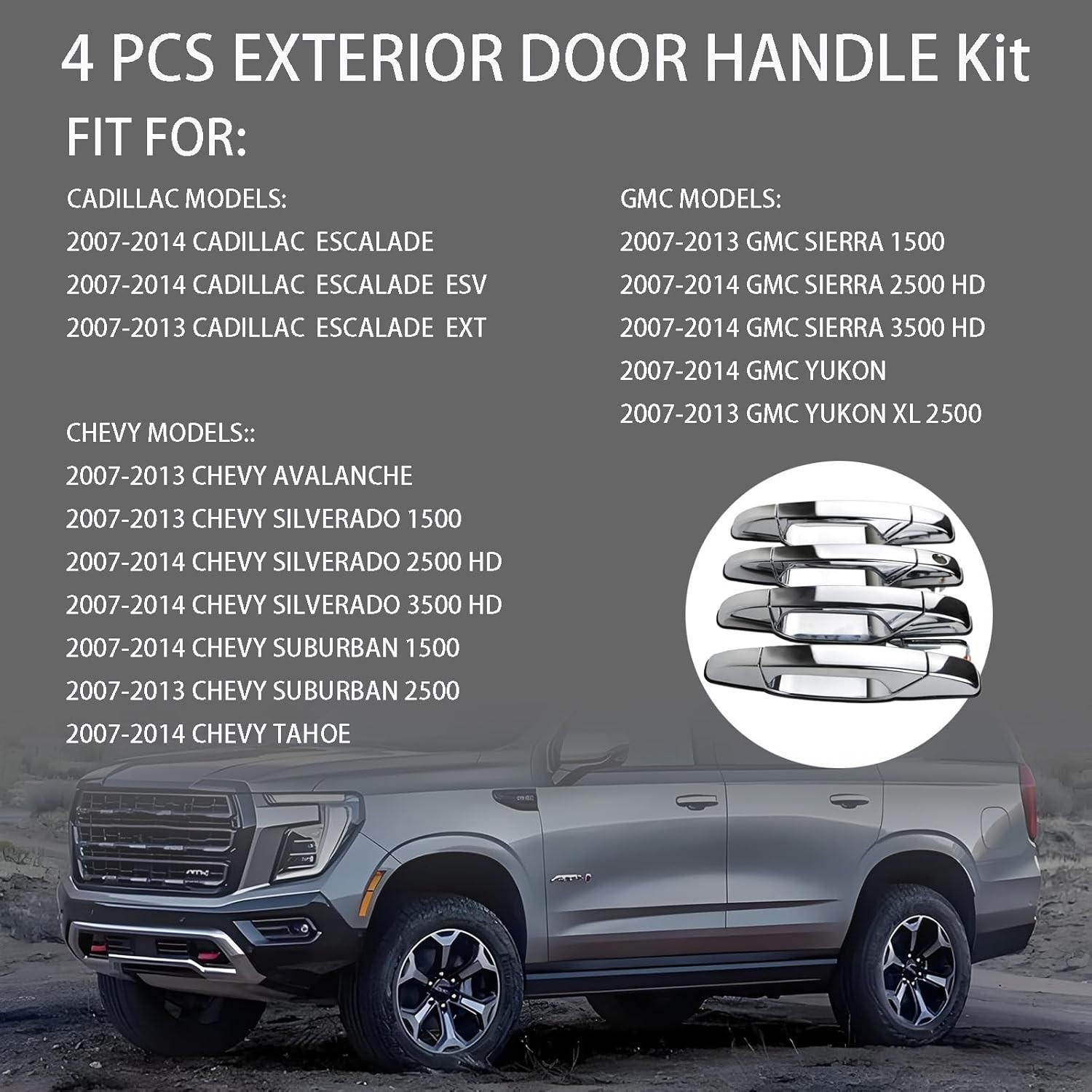 4PCS Exterior Door Handles Compatible with 2007-2014 Cadillac Escalade, Chrome
