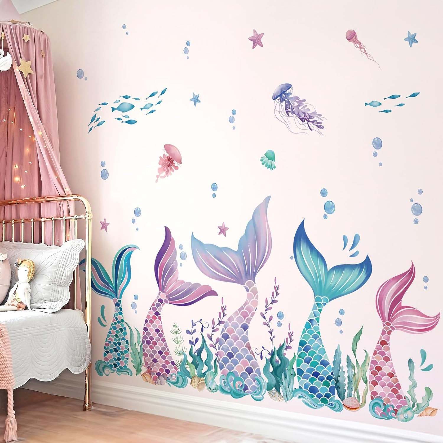Wondever Mermaid Tail Wall Stickers under the Sea Mermaid Bubble Seaweed Peel an