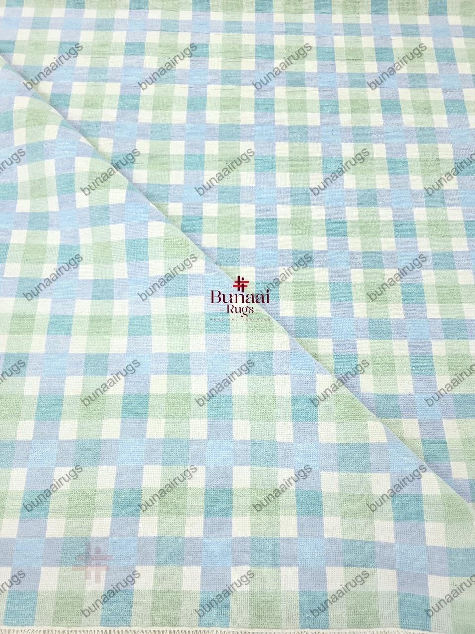 Handwoven Wool Flatweave Rug, Blue Green Checkered Plaid, Scandinavian Decor