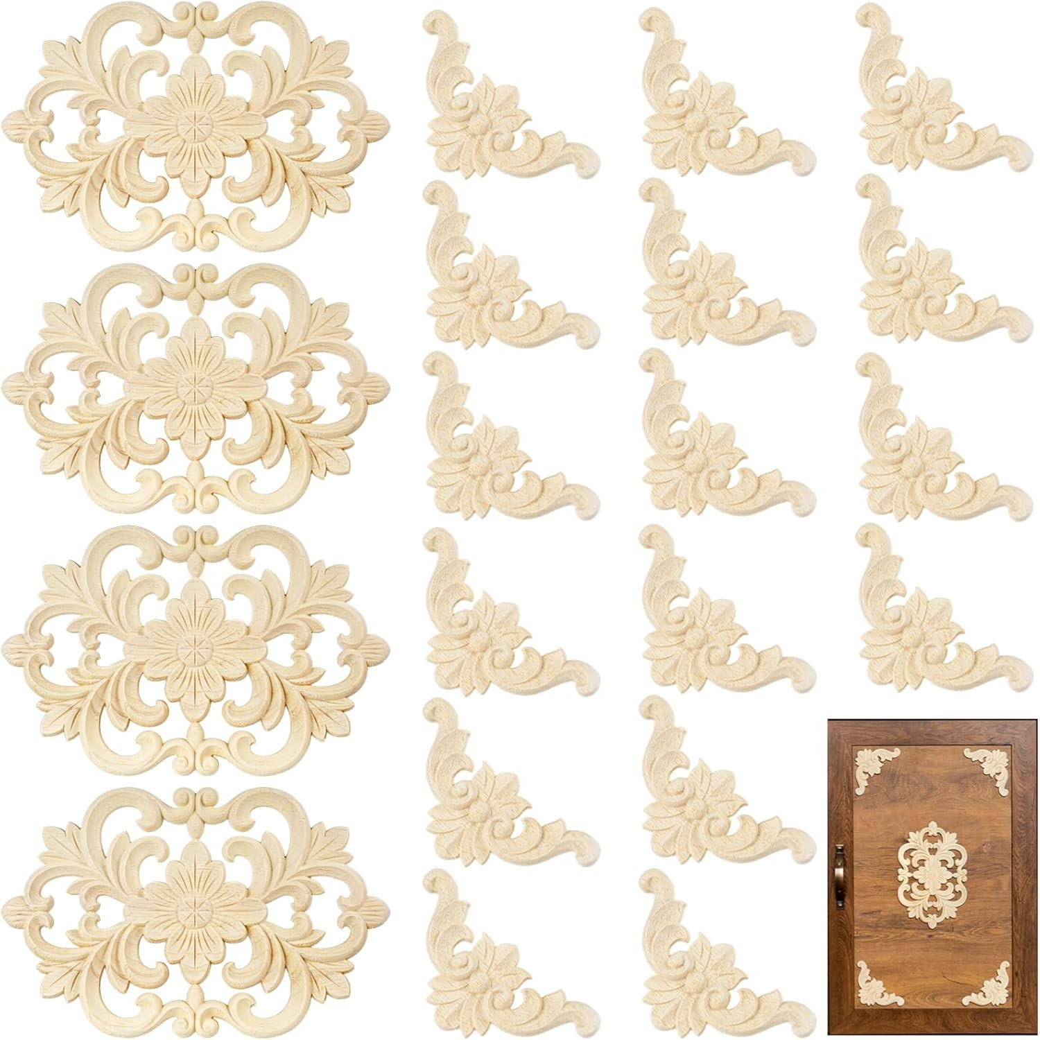 20 Pcs Wood Carved Appliques Onlays, Decorative Flower Decals for Furniture Door