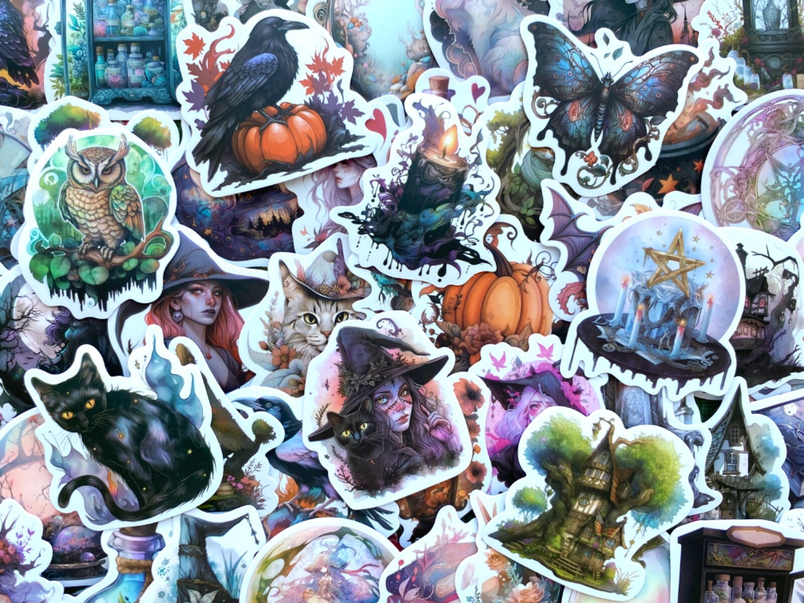 5-50 pcs Gothic Witch Stickers, Halloween Raven Dark Candle Water Bottle Decals