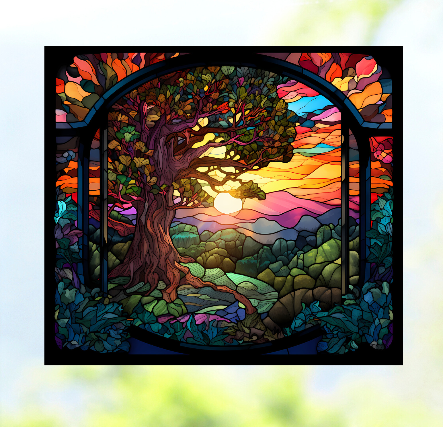 Tree at Sunset Faux Stained-Glass WINDOW CLING Size 9″ Repositionable Vinyl